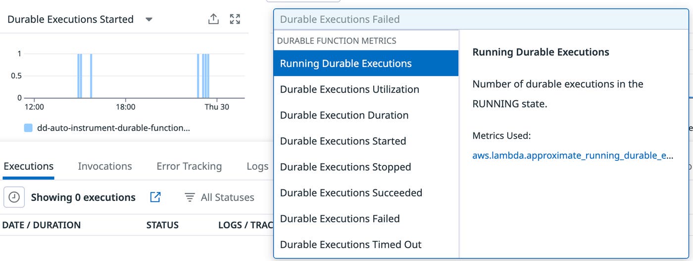 Durable function metrics selector and execution graph showing status, utilization, and duration metrics. Durable function metrics selector and execution graph showing status, utilization, and duration metrics.