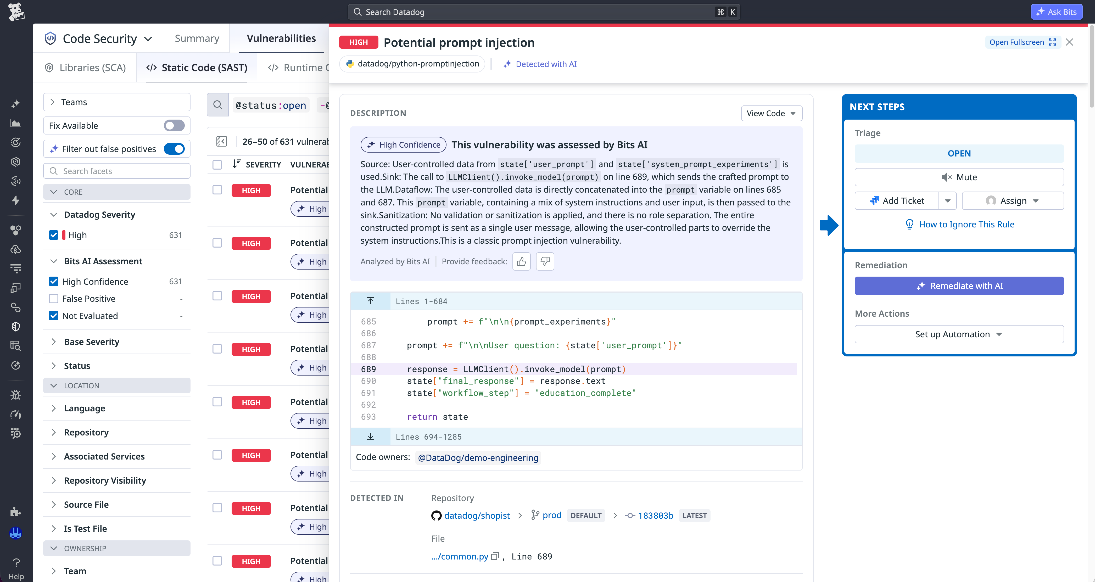A Datadog Code Security finding for a potential prompt injection vulnerability.