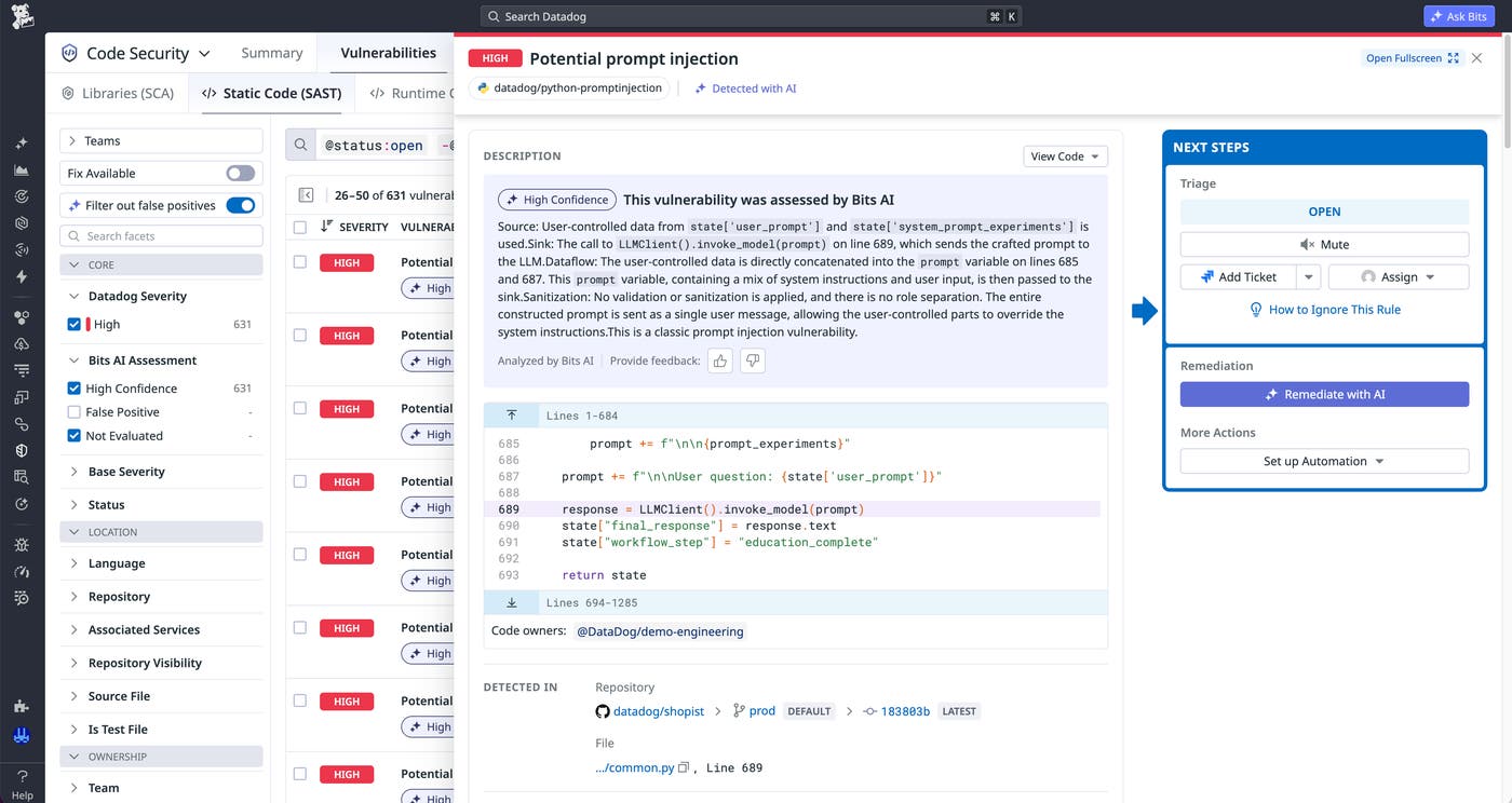 A Datadog Code Security finding for a potential prompt injection vulnerability. A Datadog Code Security finding for a potential prompt injection vulnerability.