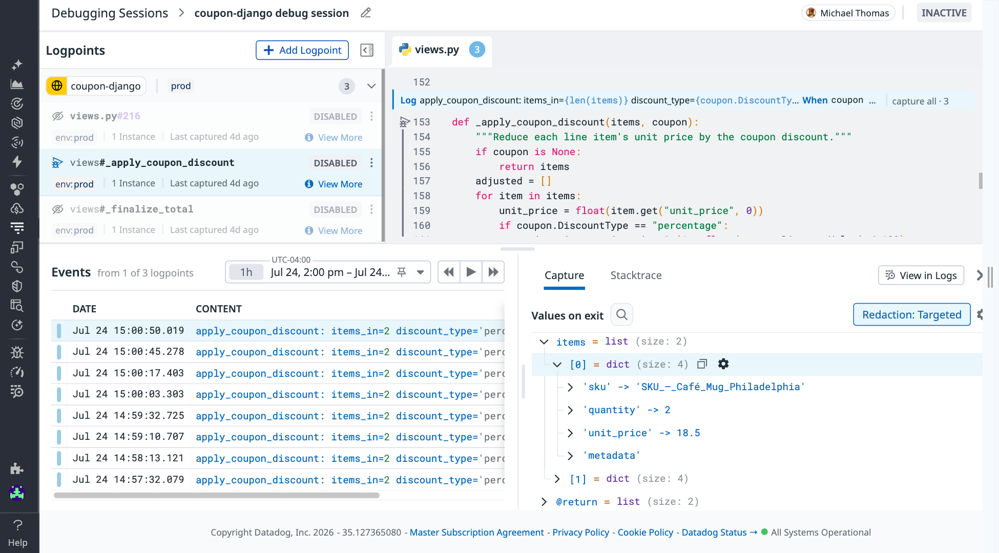 Live A screenshot of a Live Debugger session showing logpoints, variables, and traces.