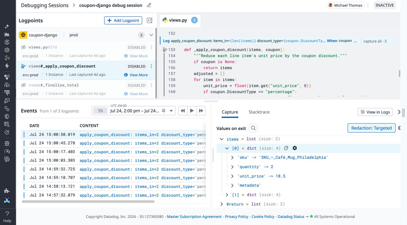 Live A screenshot of a Live Debugger session showing logpoints, variables, and traces. Live A screenshot of a Live Debugger session showing logpoints, variables, and traces.