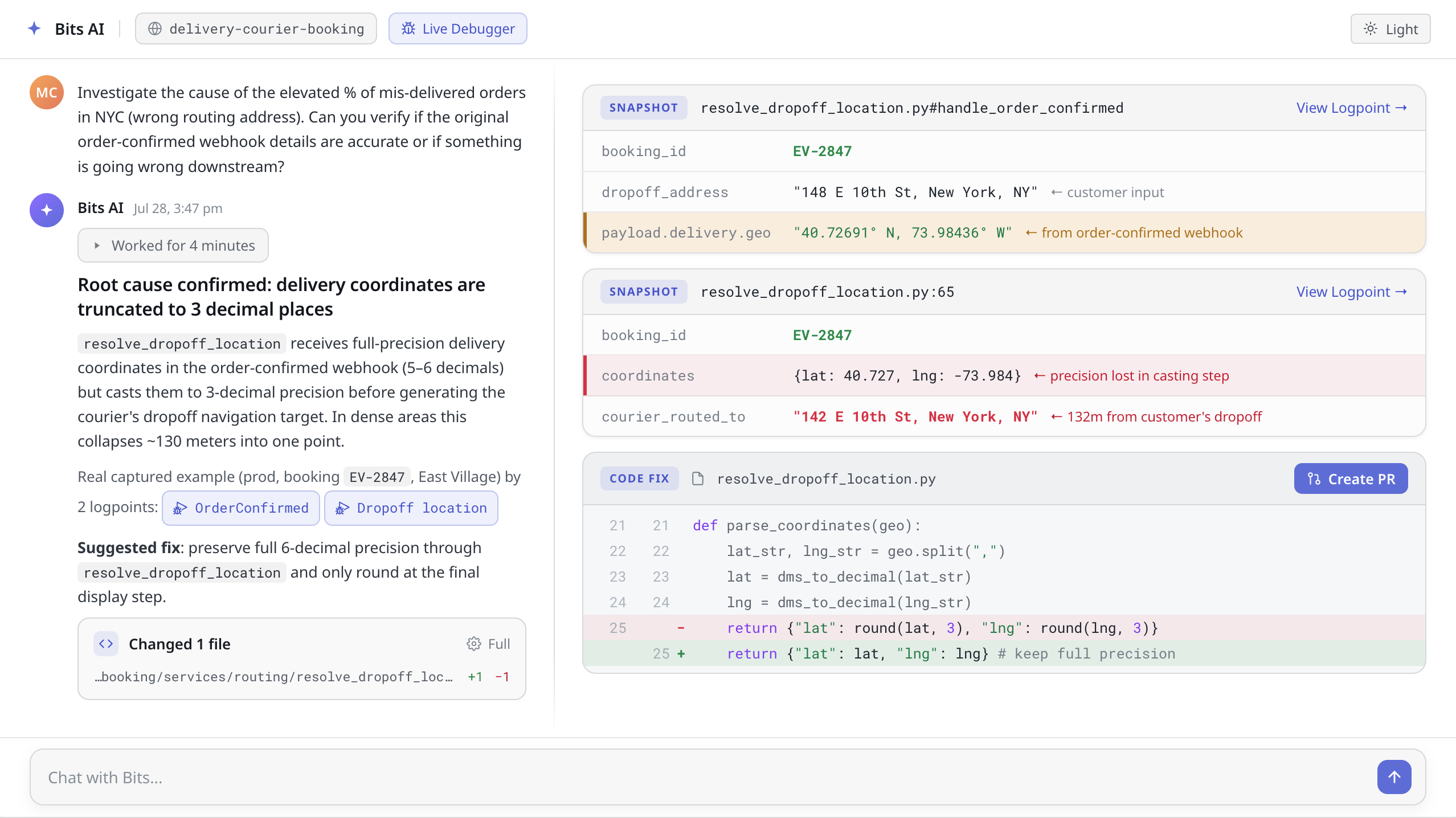 Bits Live Debugger session where Bits AI investigates a food delivery app routing error and returns supporting evidence along with a code fix.