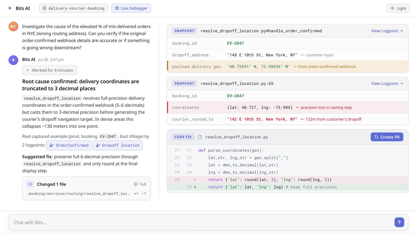 Bits Live Debugger session where Bits AI investigates a food delivery app routing error and returns supporting evidence along with a code fix. Bits Live Debugger session where Bits AI investigates a food delivery app routing error and returns supporting evidence along with a code fix.