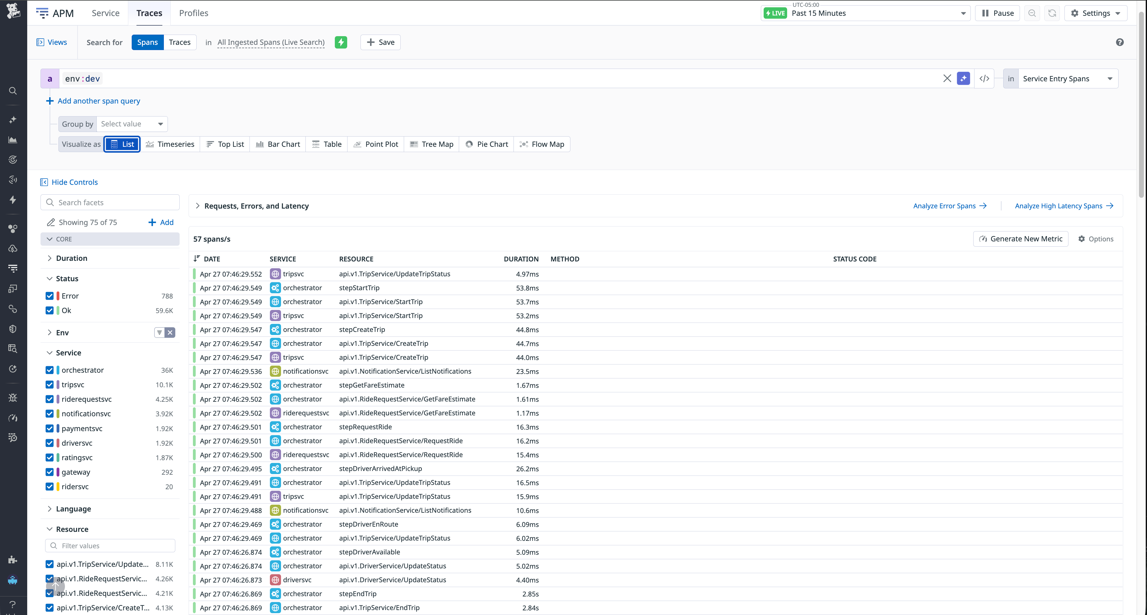 APM Trace Explorer streaming live spans from the rideshare services before any sampling is applied.
