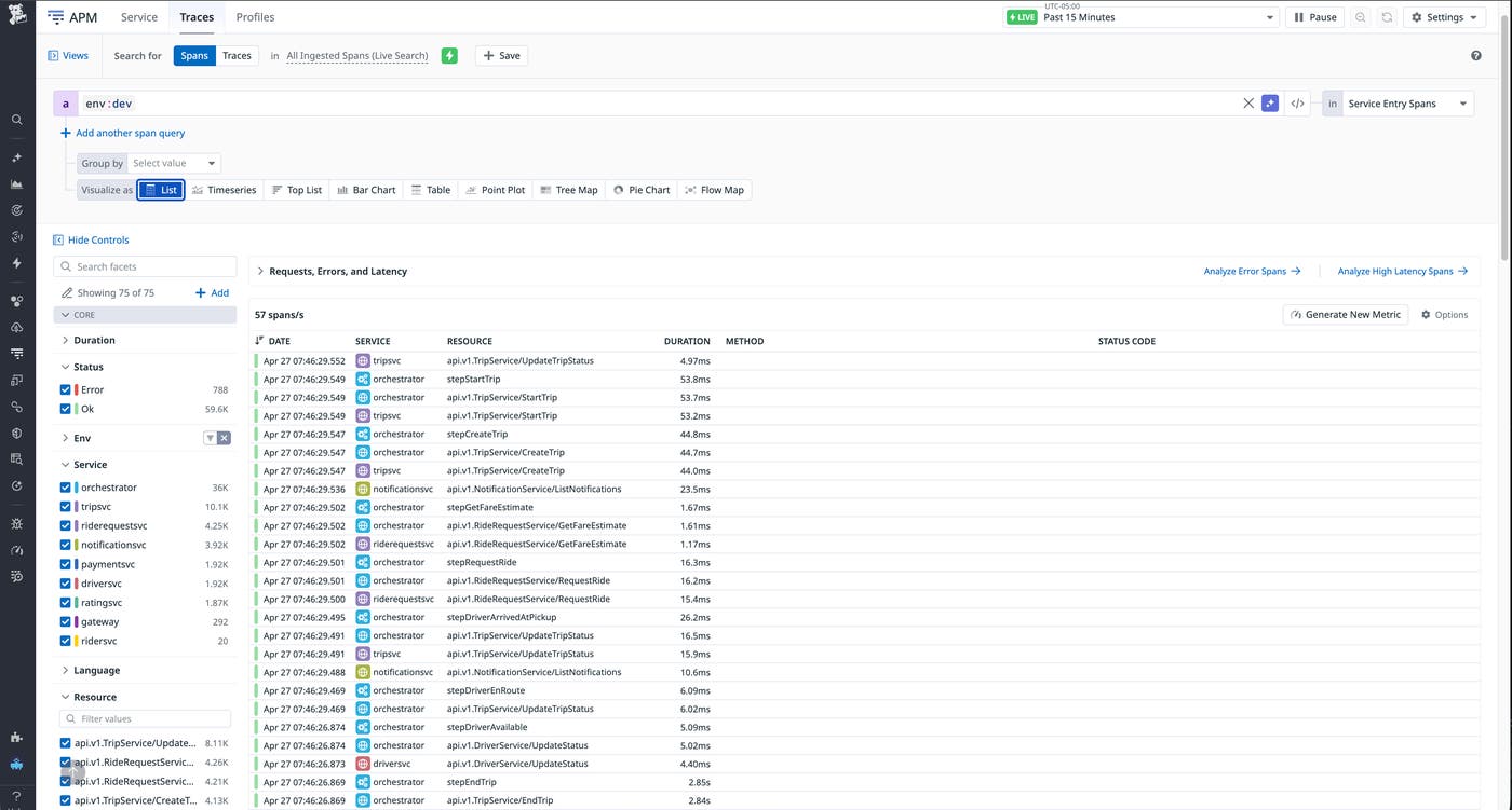 APM Trace Explorer streaming live spans from the rideshare services before any sampling is applied. APM Trace Explorer streaming live spans from the rideshare services before any sampling is applied.