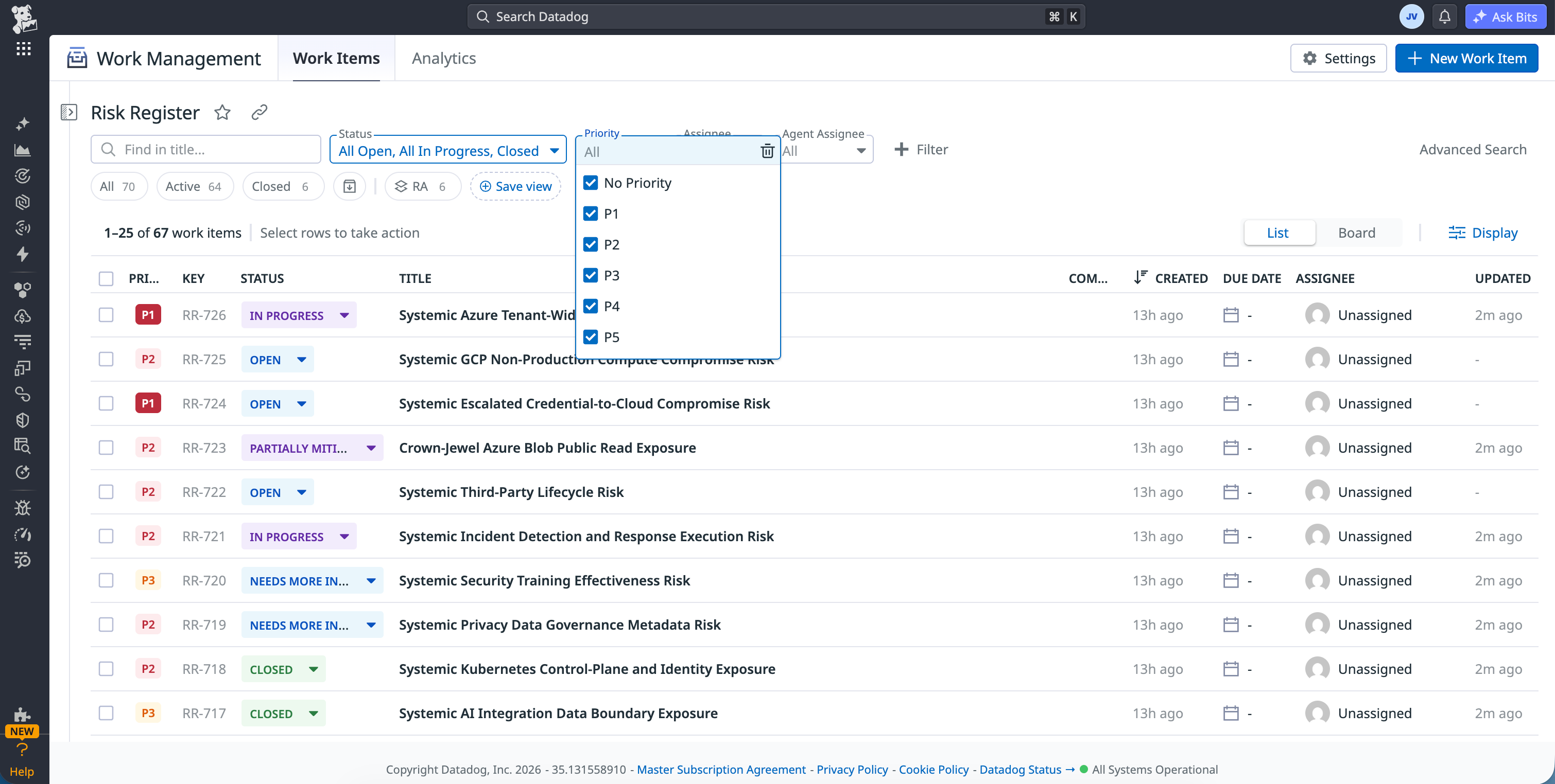 Risk register in Datadog Work Management showing systemic risks ranked by priority level, from Kubernetes control-plane exposure to third-party life cycle risk.