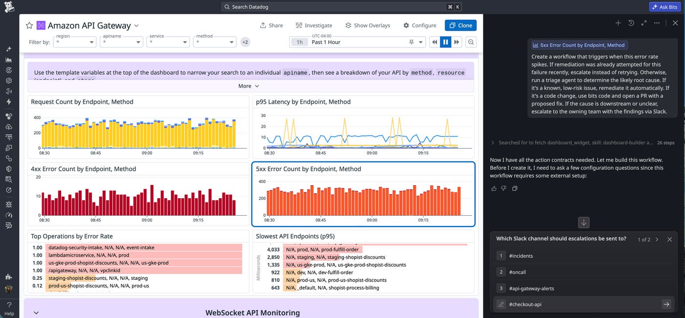 Bits Chat builds an API Gateway error response workflow and asks where Slack escalations should be sent. Bits Chat builds an API Gateway error response workflow and asks where Slack escalations should be sent.