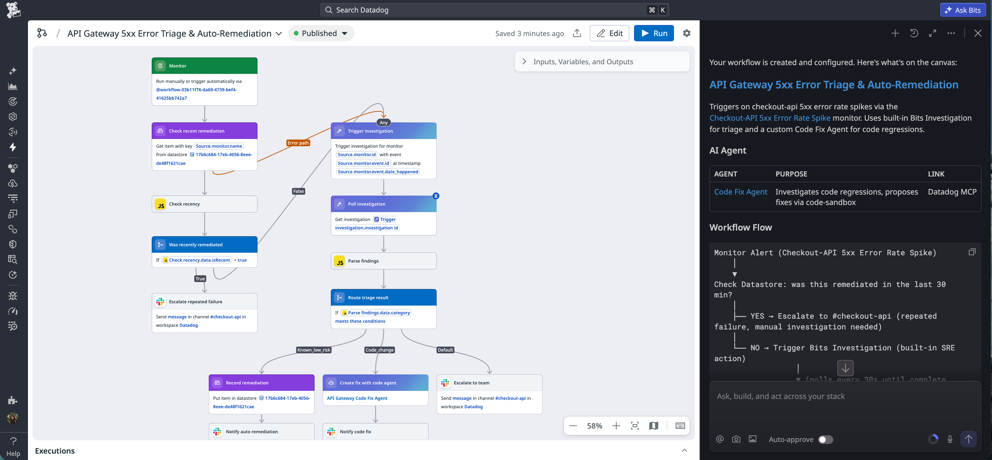 Workflow Automation shows the API Gateway error triage and auto-remediation workflow created with Bits Chat.
