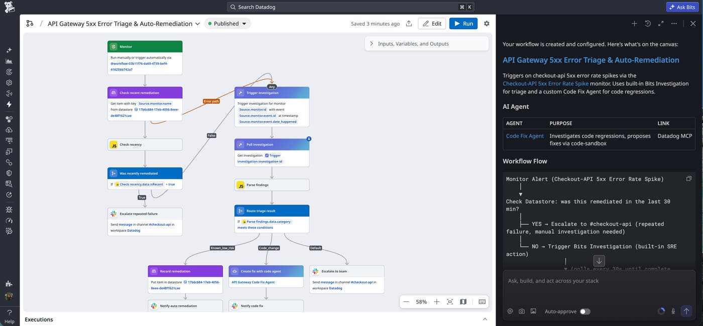 Workflow Automation shows the API Gateway error triage and auto-remediation workflow created with Bits Chat. Workflow Automation shows the API Gateway error triage and auto-remediation workflow created with Bits Chat.