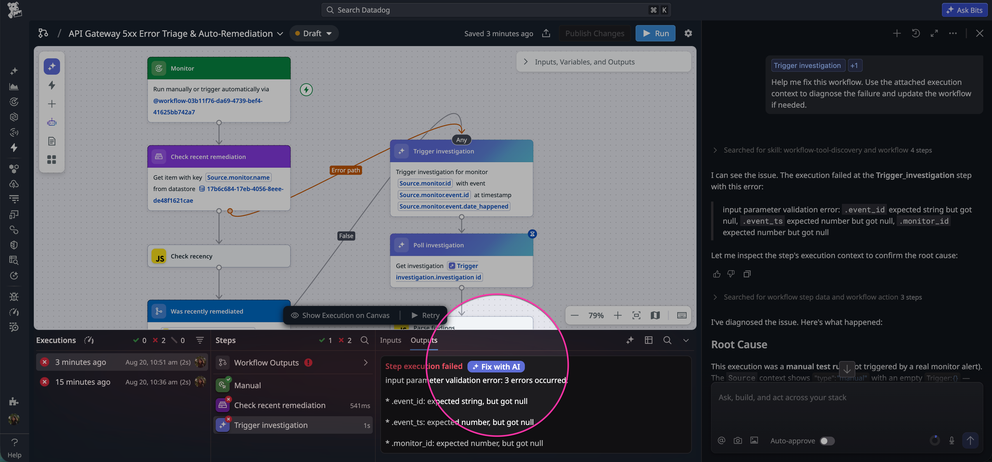 Fix with AI diagnoses a failed workflow execution caused by missing monitor alert parameters.