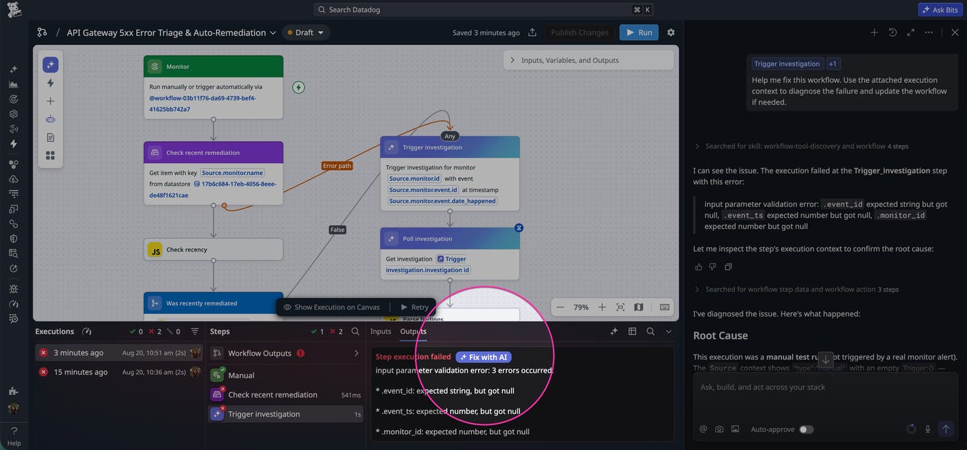 Fix with AI diagnoses a failed workflow execution caused by missing monitor alert parameters. Fix with AI diagnoses a failed workflow execution caused by missing monitor alert parameters.