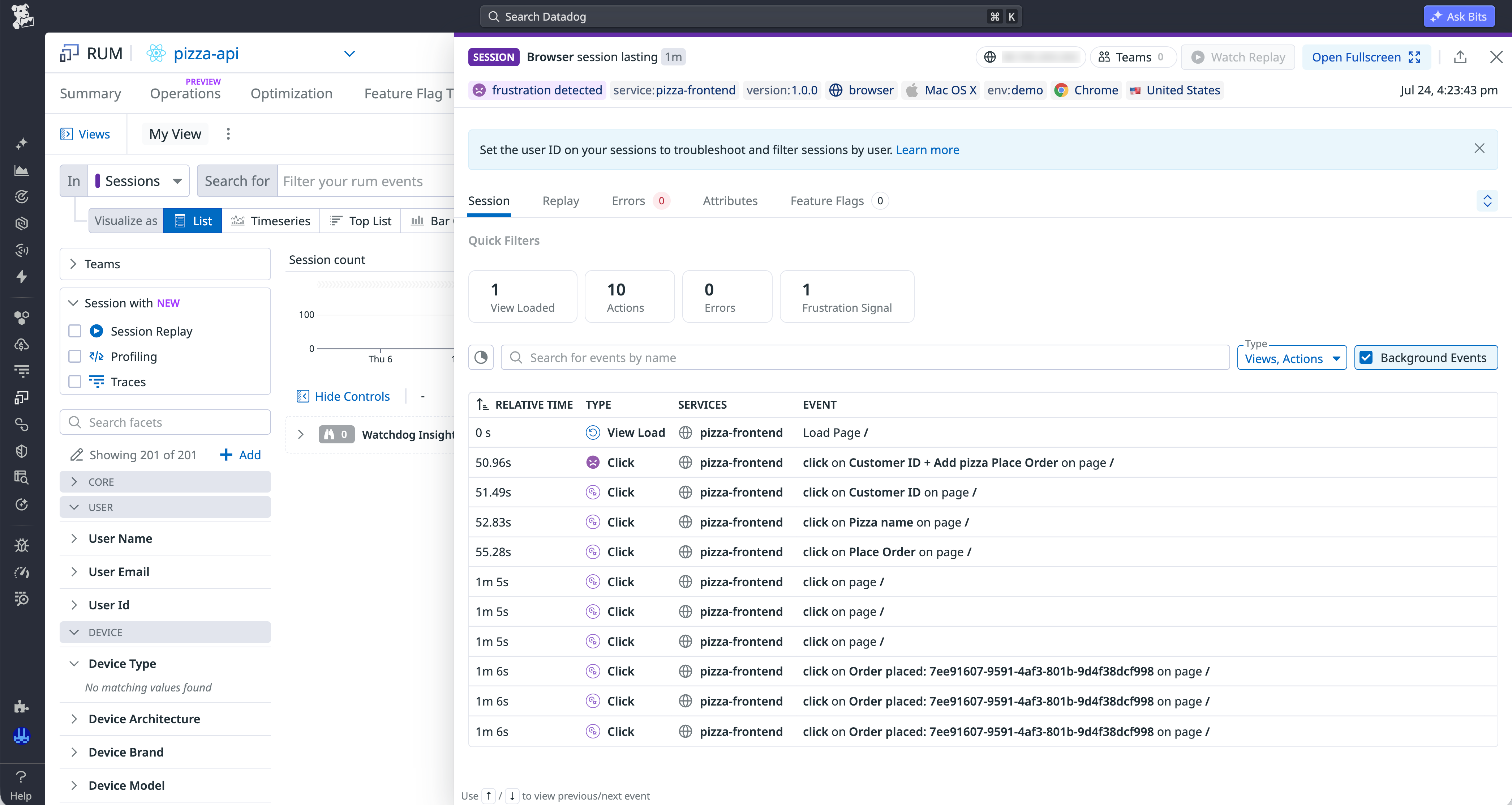 Datadog RUM session showing a frustration signal and every click, page view, and API fetch for a customer placing an order.