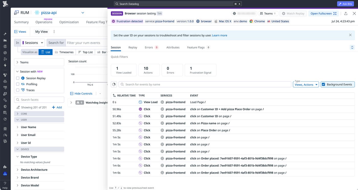 Datadog RUM session showing a frustration signal and every click, page view, and API fetch for a customer placing an order. Datadog RUM session showing a frustration signal and every click, page view, and API fetch for a customer placing an order.