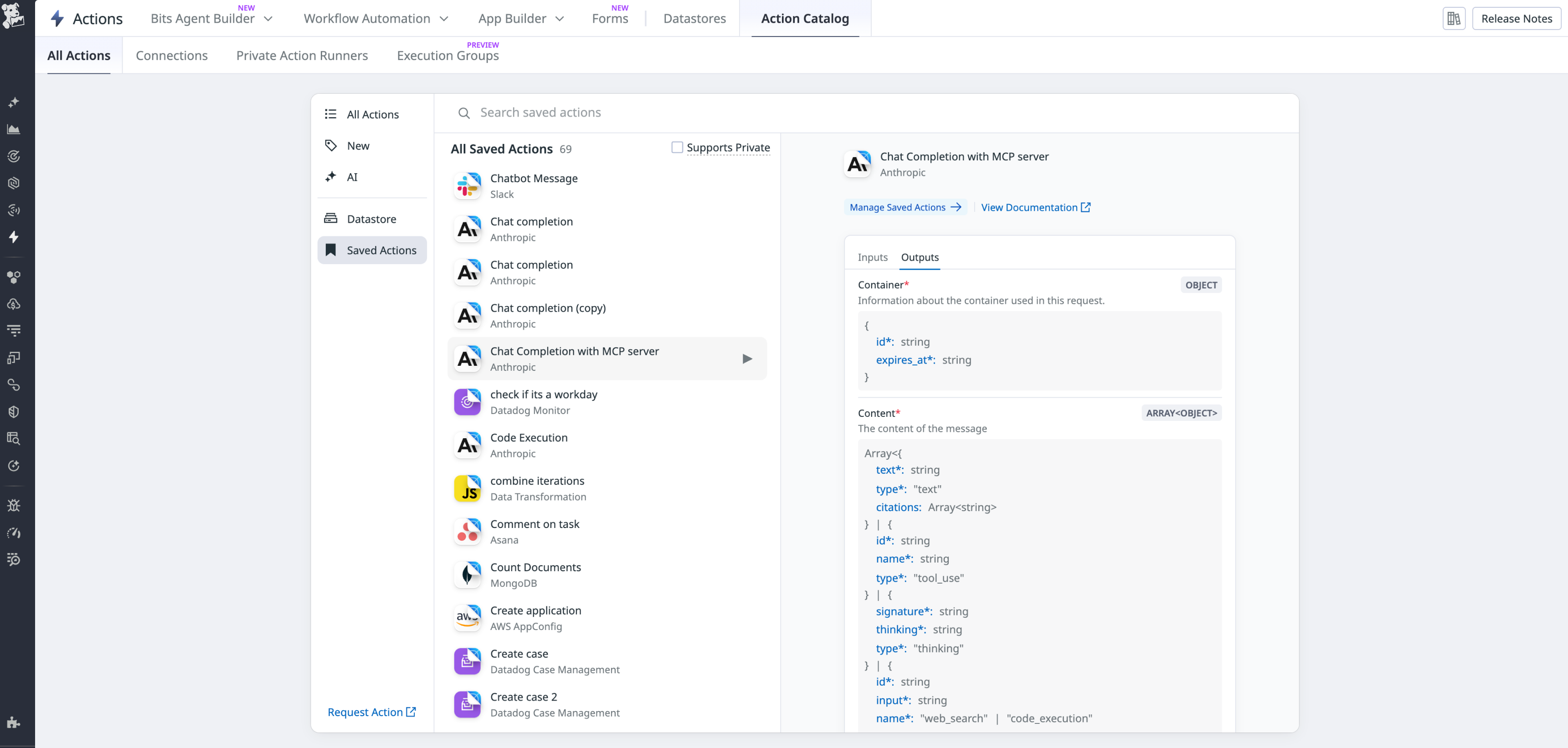 Datadog Action Catalog output schema for a chat completion action, defining typed fields for container data and message content returned to an AI agent.
