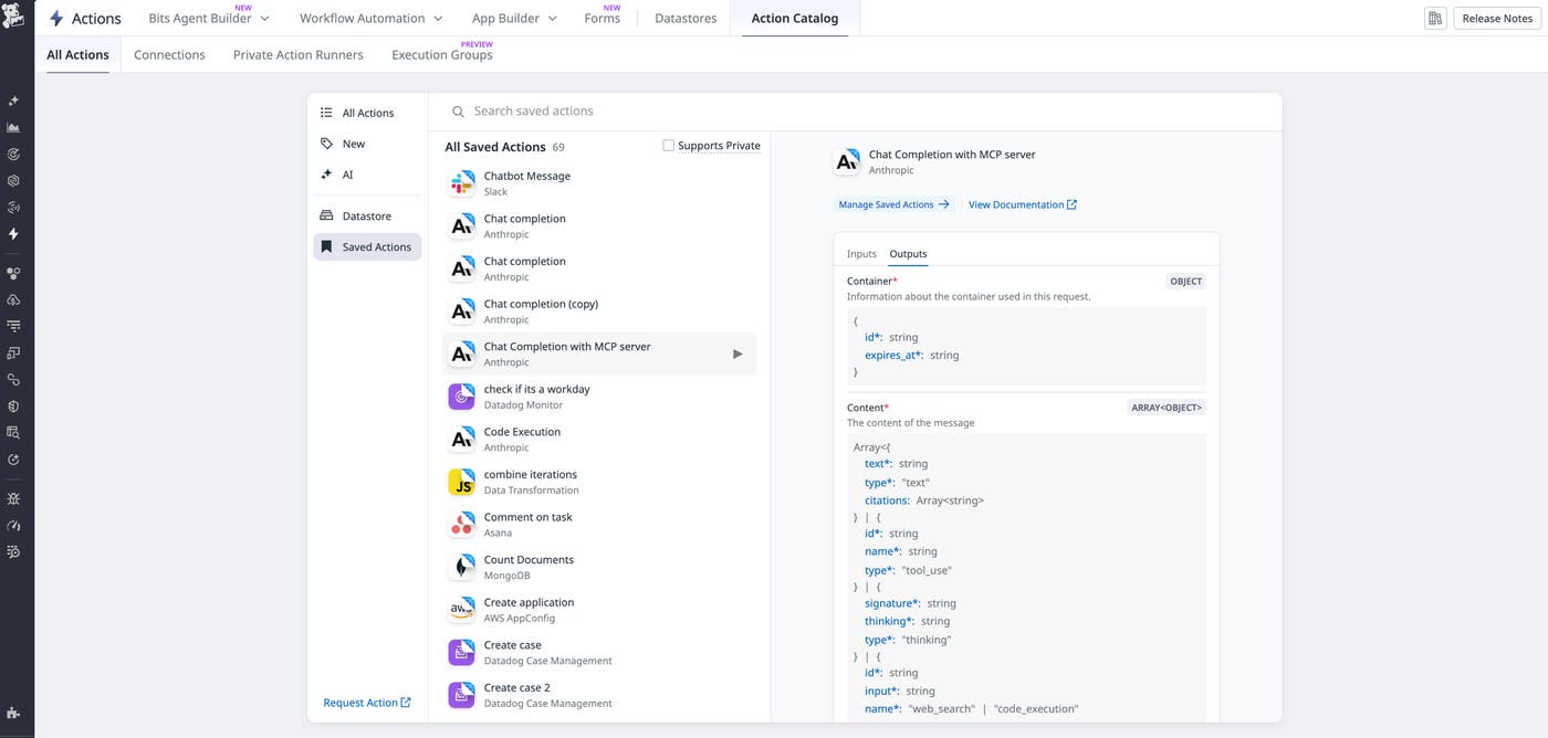 Datadog Action Catalog output schema for a chat completion action, defining typed fields for container data and message content returned to an AI agent. Datadog Action Catalog output schema for a chat completion action, defining typed fields for container data and message content returned to an AI agent.