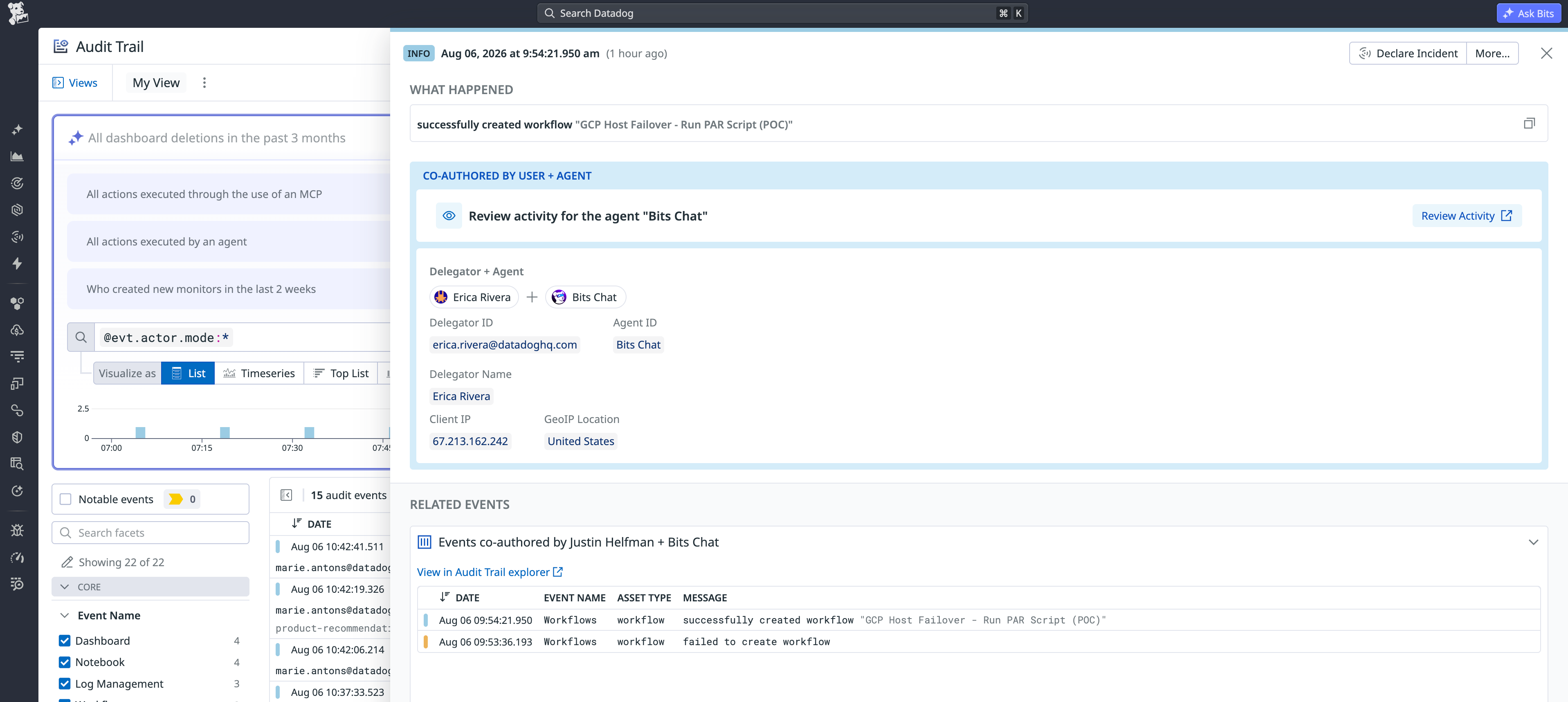 Datadog Audit Trail entry recording an AI agent’s workflow action with both the delegating user and the agent identified as co-authors of the event.