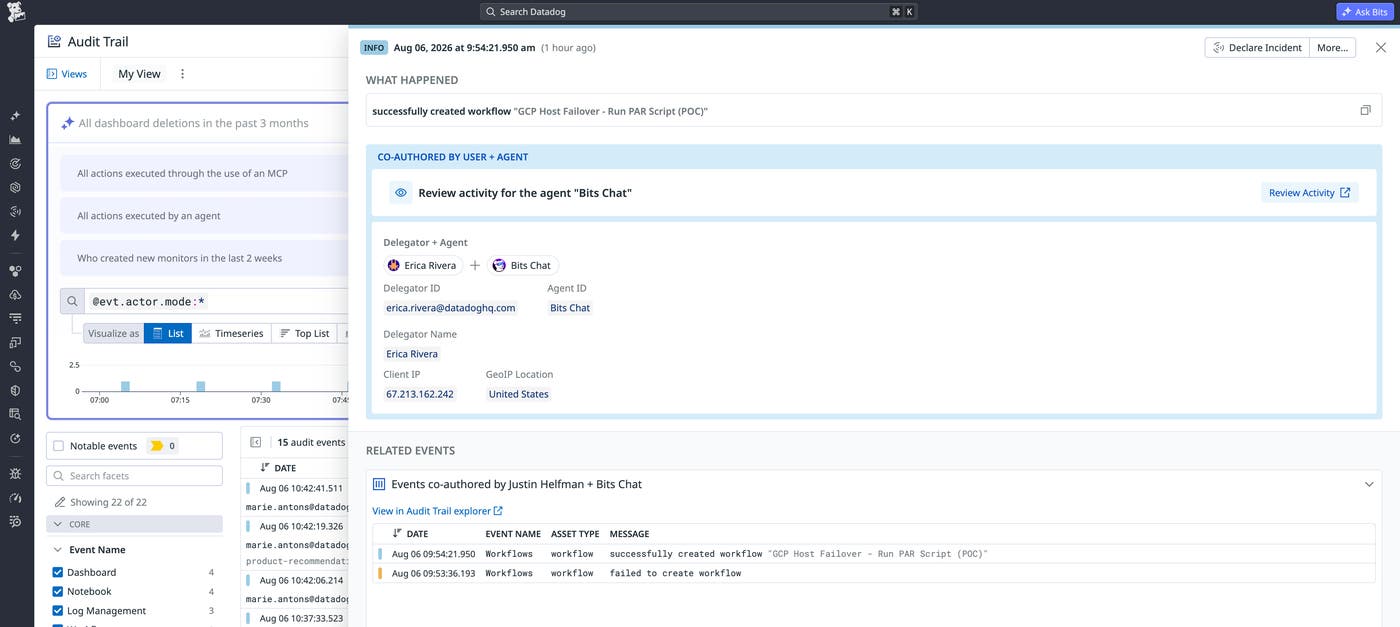 Datadog Audit Trail entry recording an AI agent’s workflow action with both the delegating user and the agent identified as co-authors of the event. Datadog Audit Trail entry recording an AI agent’s workflow action with both the delegating user and the agent identified as co-authors of the event.