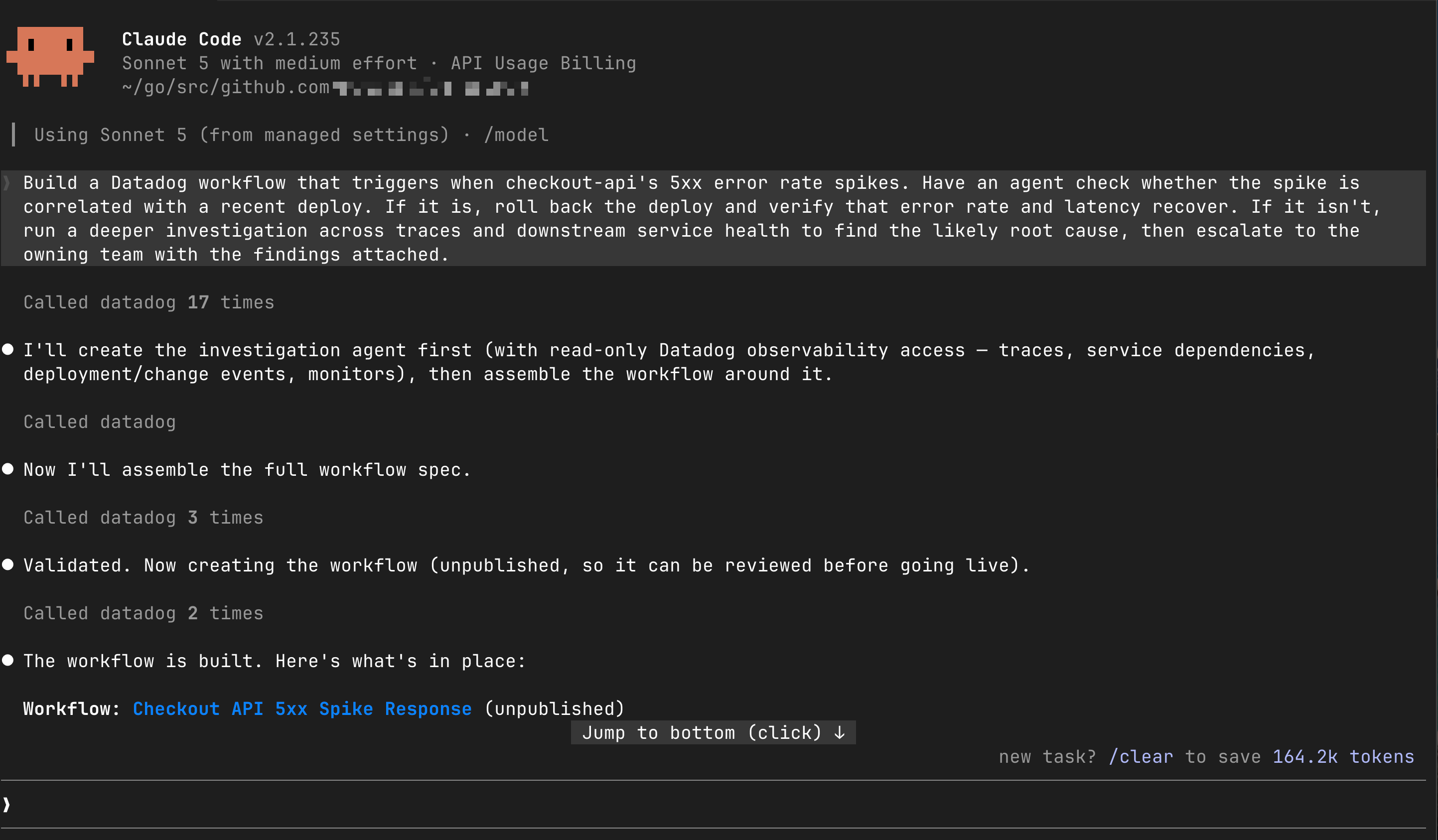 Claude Code correlates a checkout failure spike with a recent deployment before building an automated response workflow.