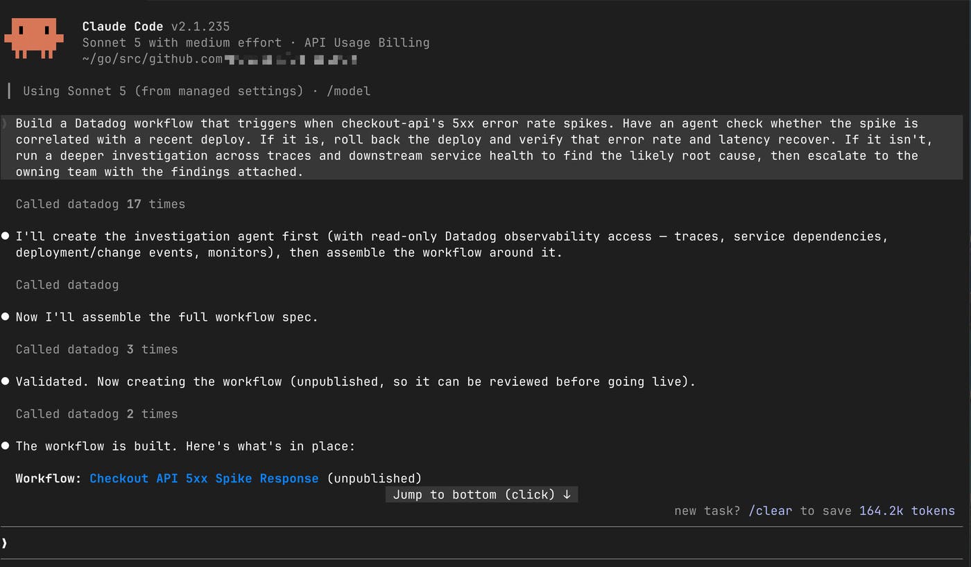 Claude Code correlates a checkout failure spike with a recent deployment before building an automated response workflow. Claude Code correlates a checkout failure spike with a recent deployment before building an automated response workflow.