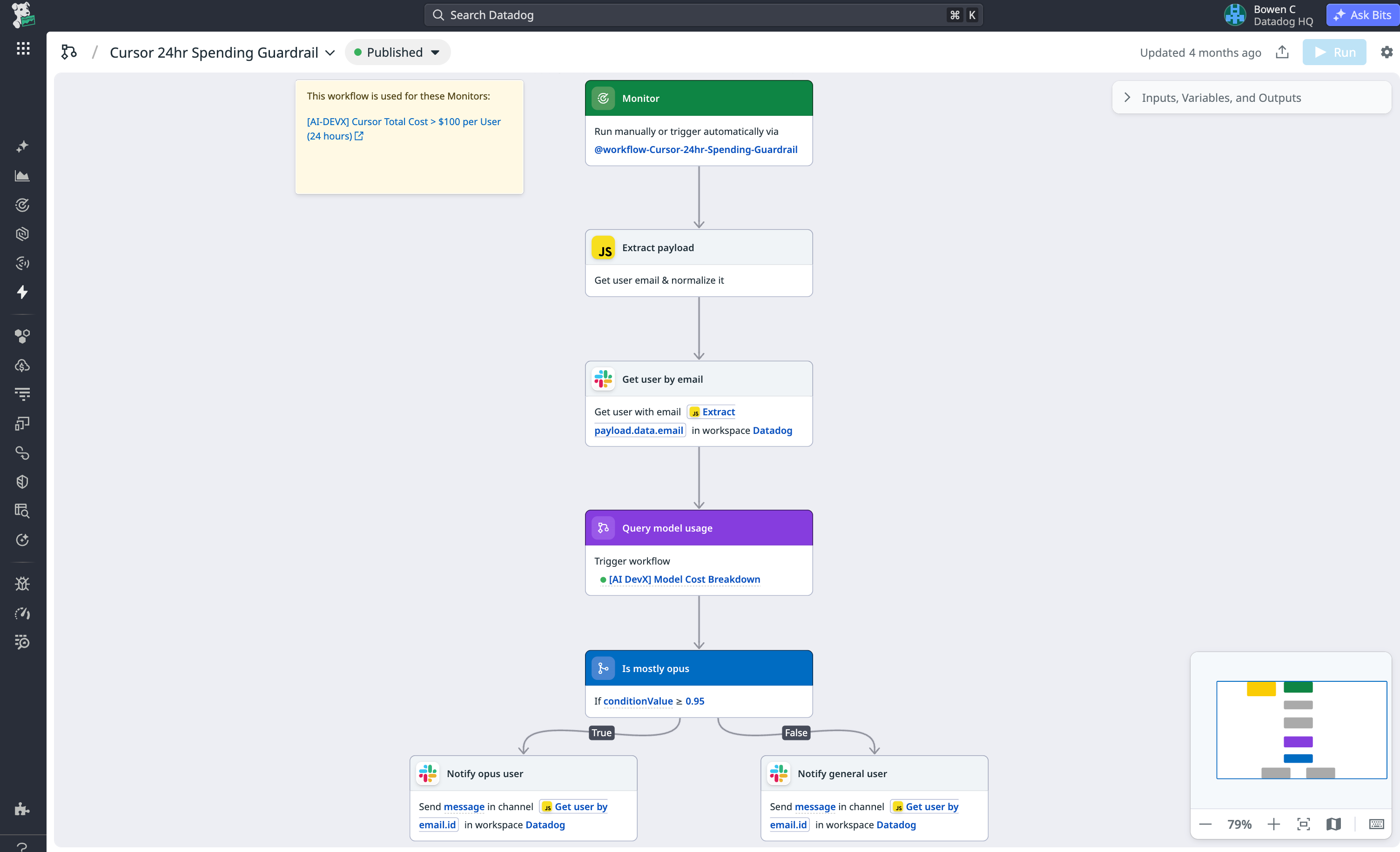 Spending guardrail workflows automatically alert users who trigger cost alerts, guiding them to internal documentation on cost savings best practices.