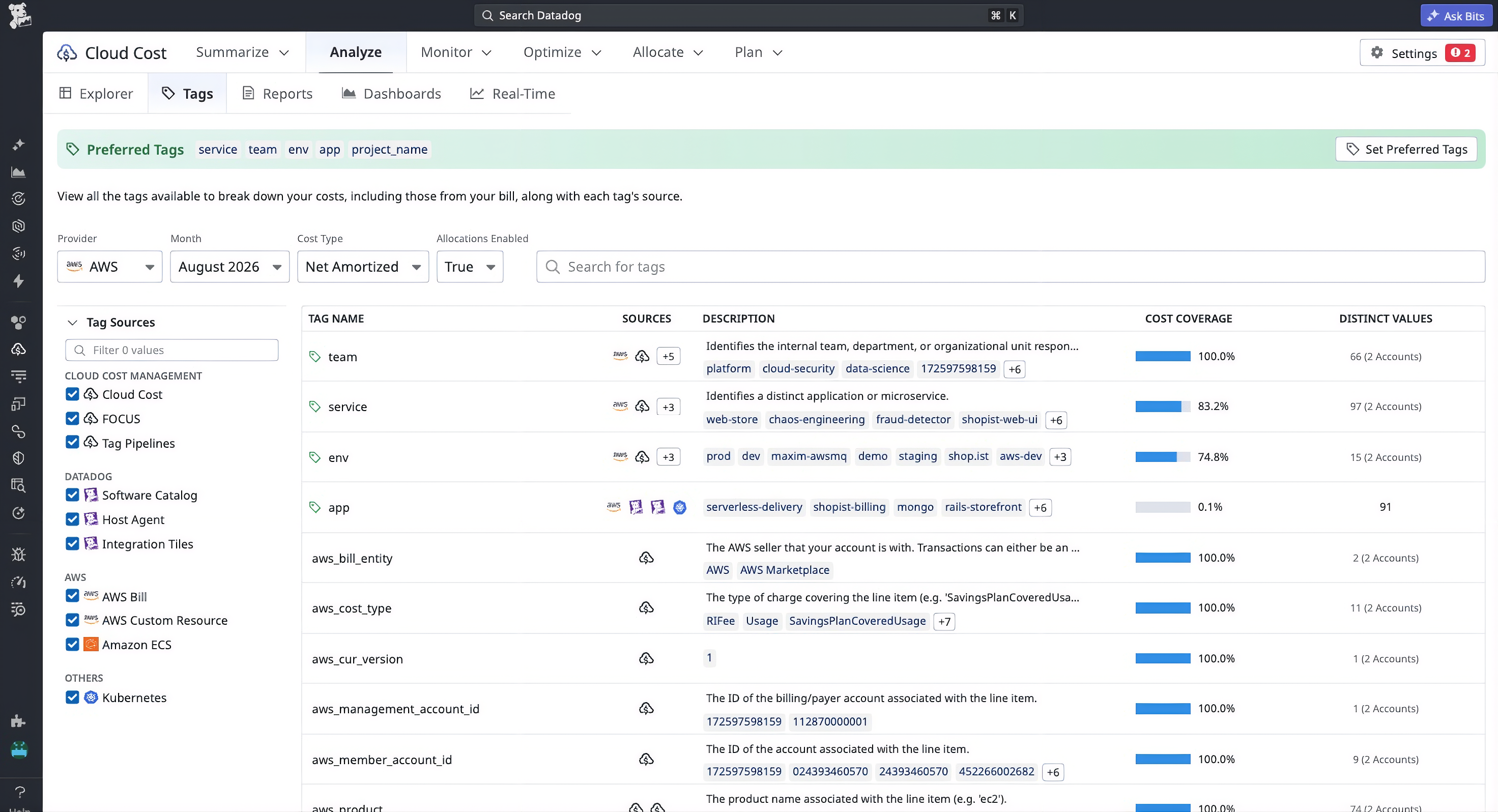 Cloud Cost Management Tags page listing preferred tags, tag sources, cost coverage percentages, and organizational dimensions.