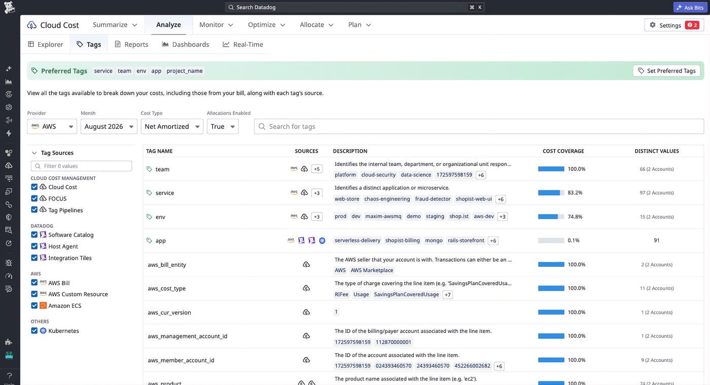 Cloud Cost Management Tags page listing preferred tags, tag sources, cost coverage percentages, and organizational dimensions. Cloud Cost Management Tags page listing preferred tags, tag sources, cost coverage percentages, and organizational dimensions.