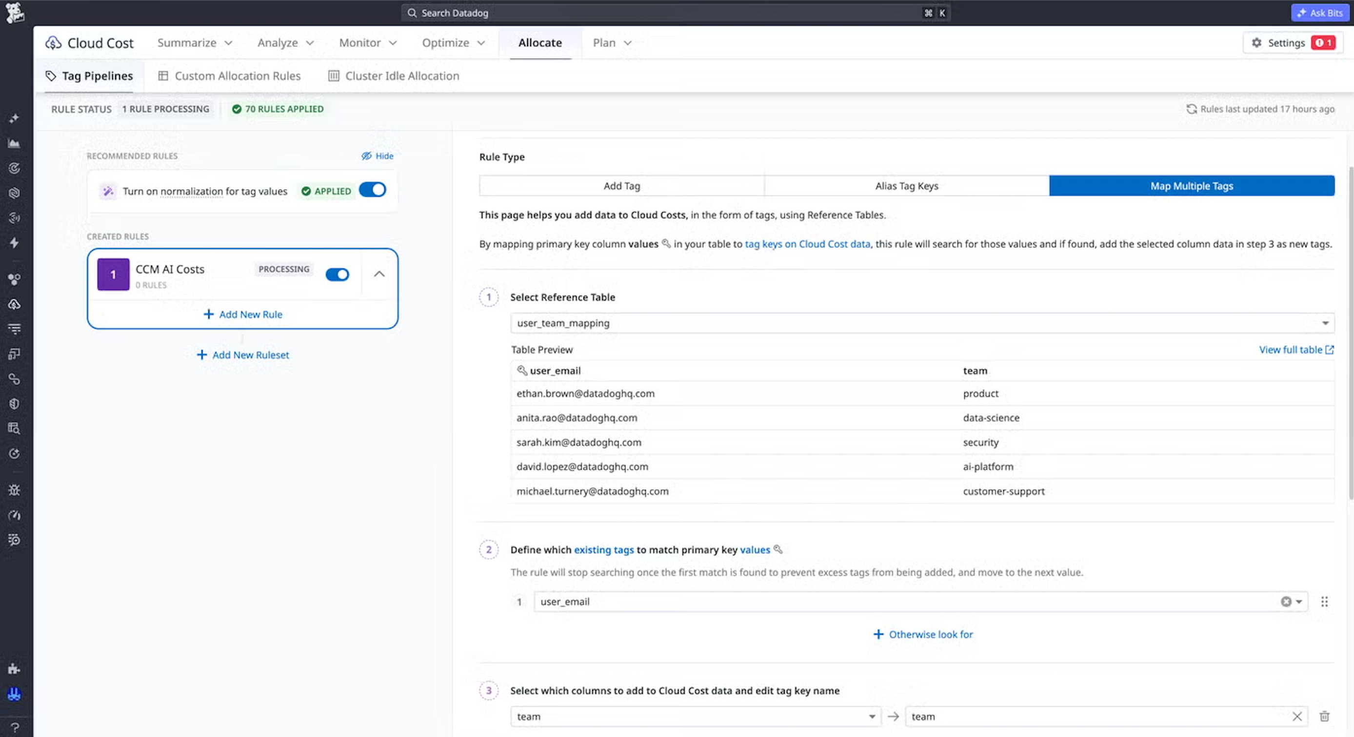 Tag Pipelines rule mapping user email addresses from a reference table to team tags.