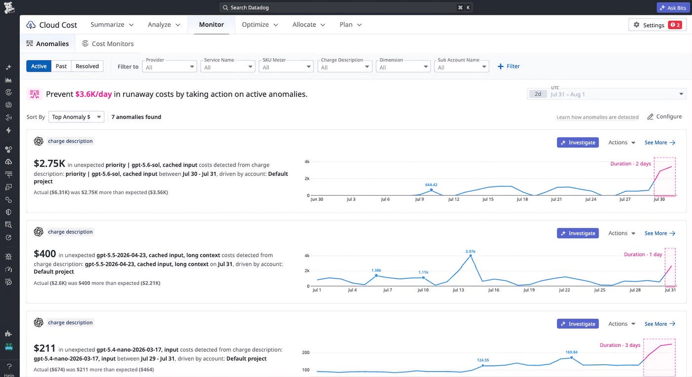 Cost Anomalies page listing unexpected OpenAI model and cached-input cost increases with investigation options. Cost Anomalies page listing unexpected OpenAI model and cached-input cost increases with investigation options.