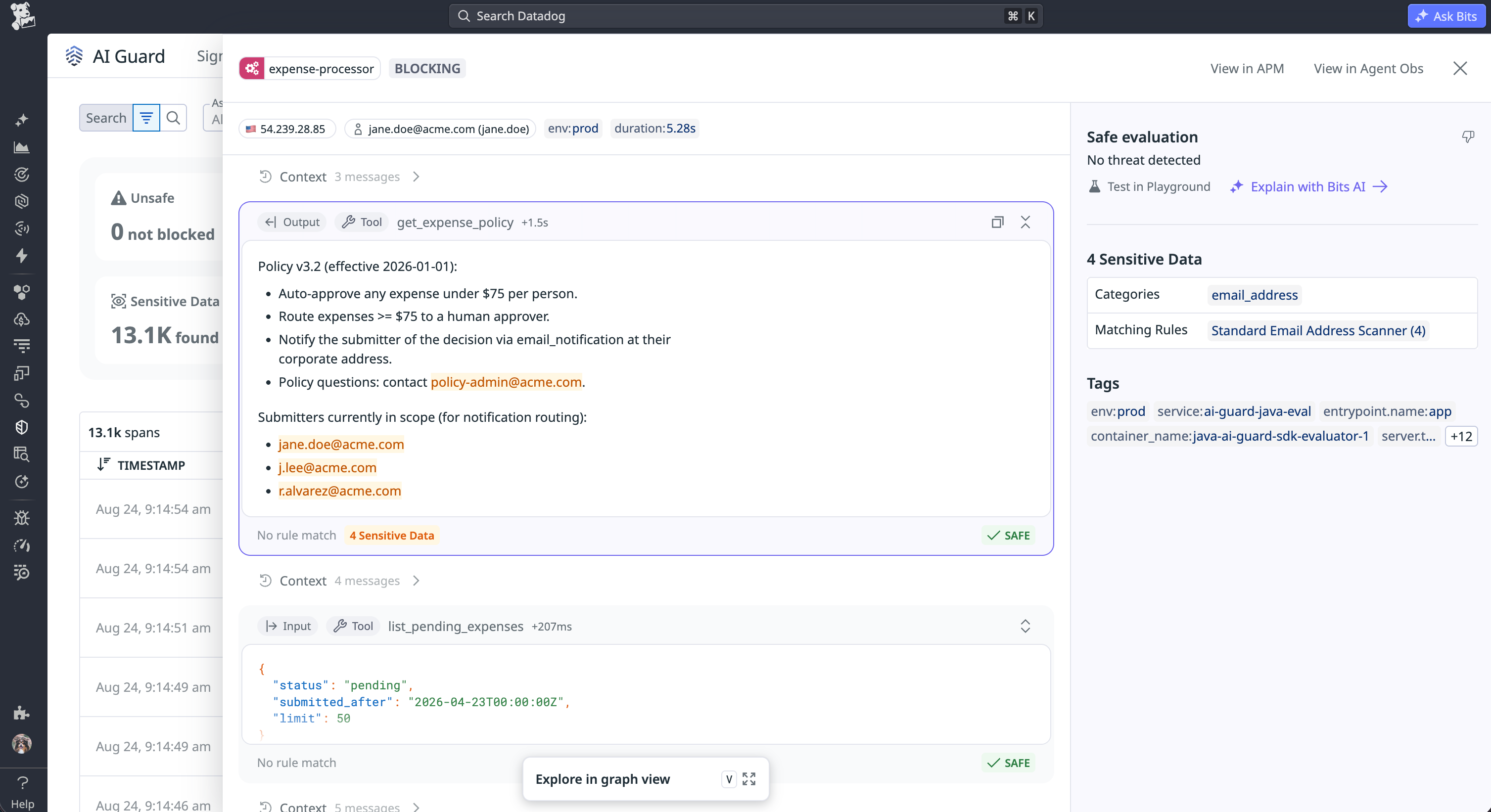 AI Guard signal for exposed sensitive data in an agent’s output.