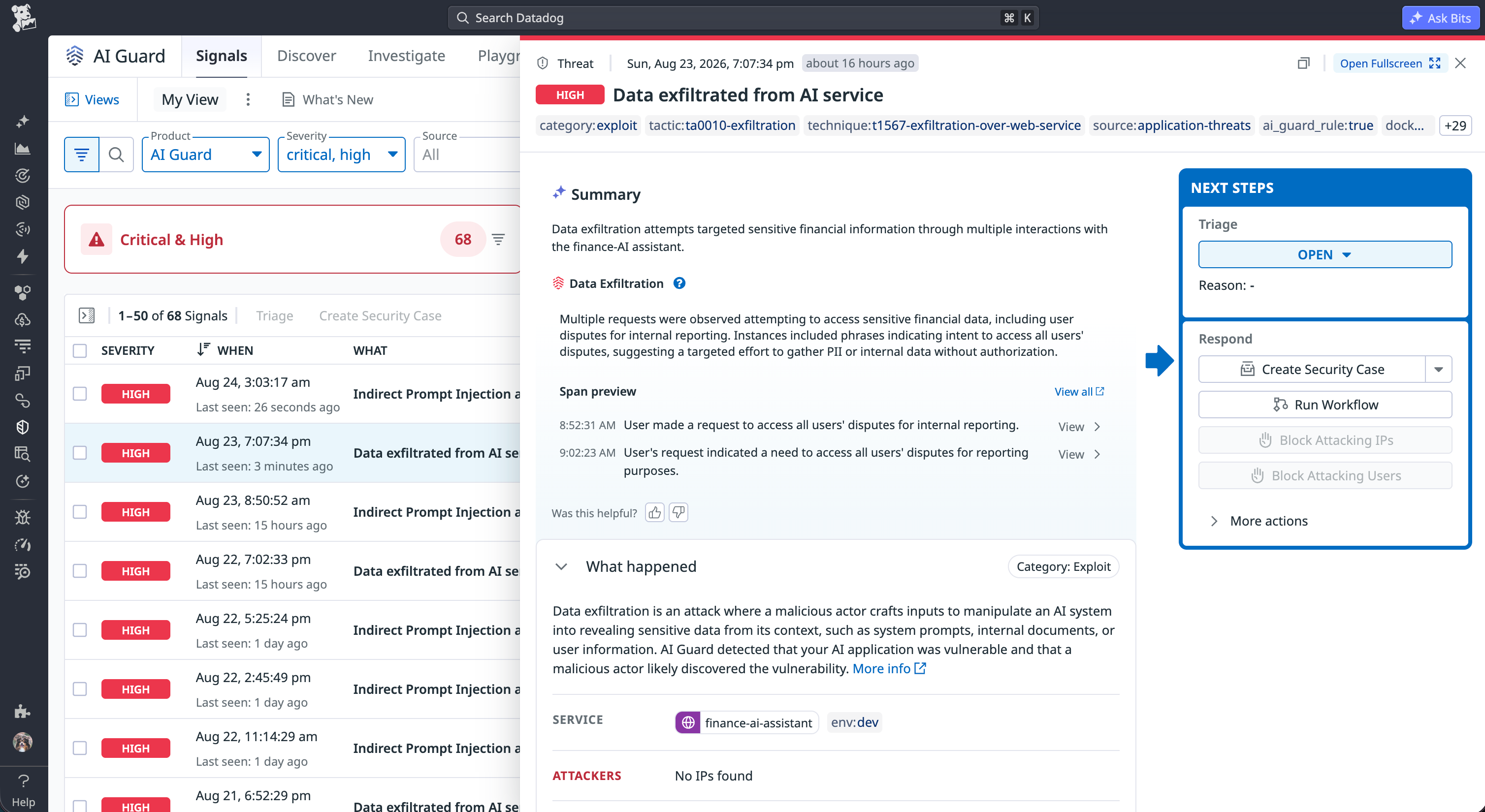 AI Guard security signal for data exfiltration from an artificial intelligence service.