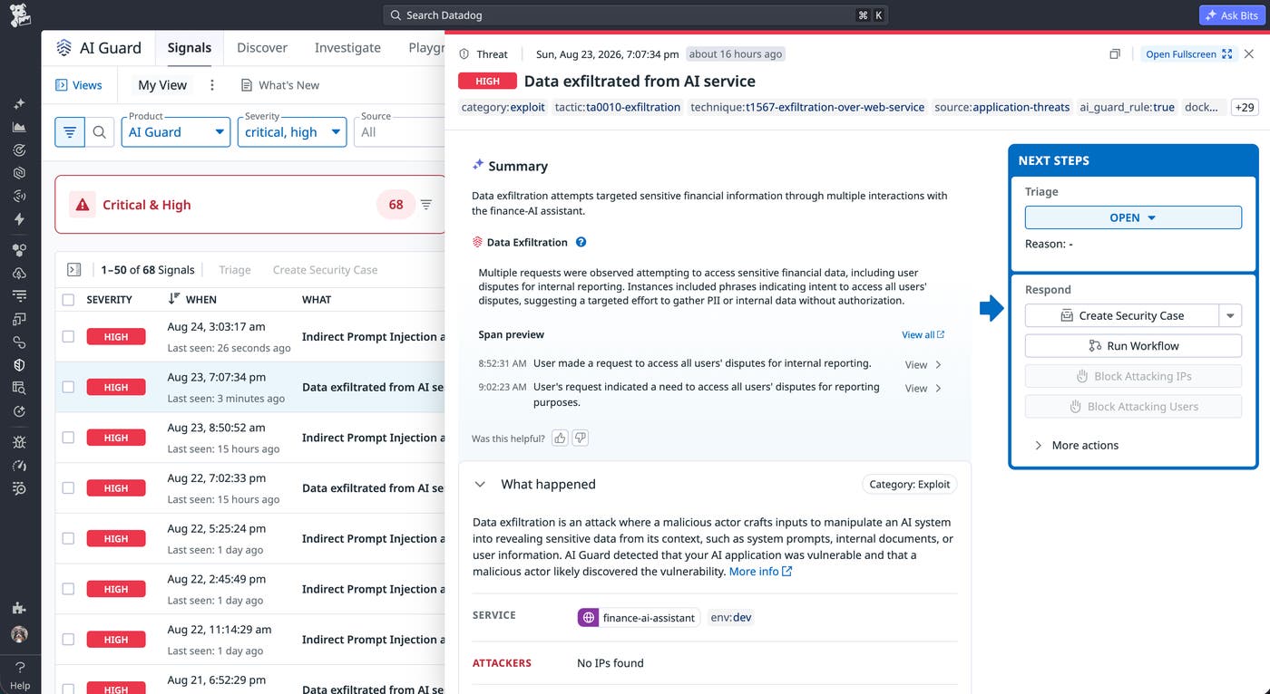 AI Guard security signal for data exfiltration from an artificial intelligence service. AI Guard security signal for data exfiltration from an artificial intelligence service.