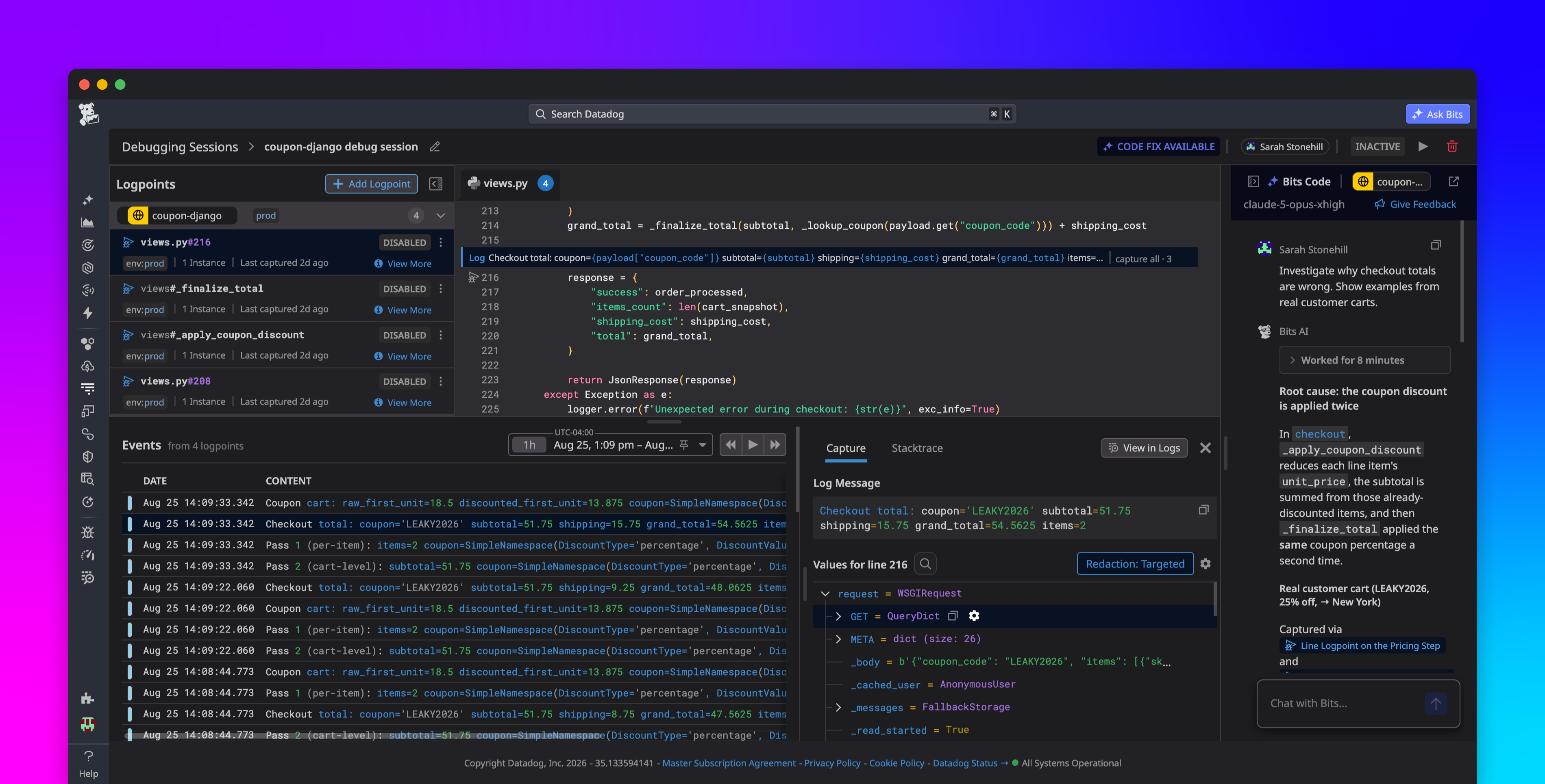 Debug live production code without redeploying with Datadog Live Debugger