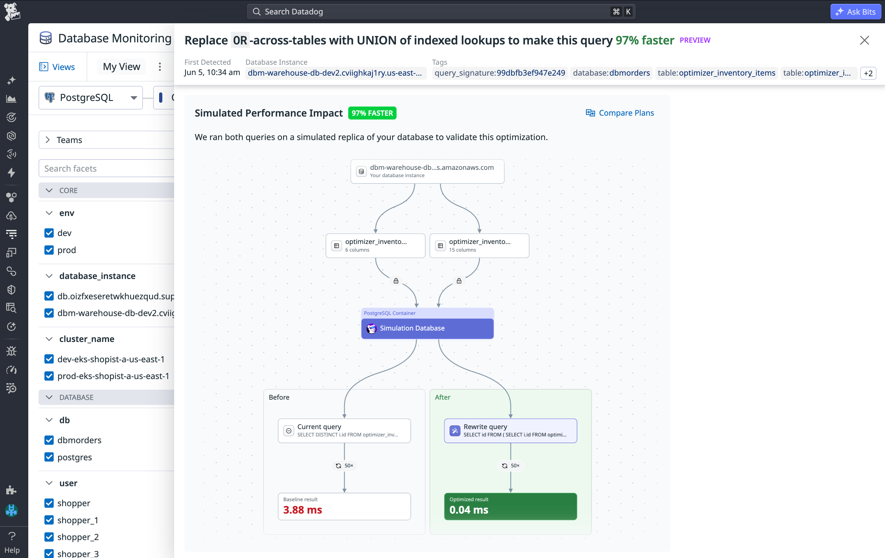 Bits uses a database simulation to test query rewrites against existing queries, enabling you to get performance insights without the risks associated with using production data.