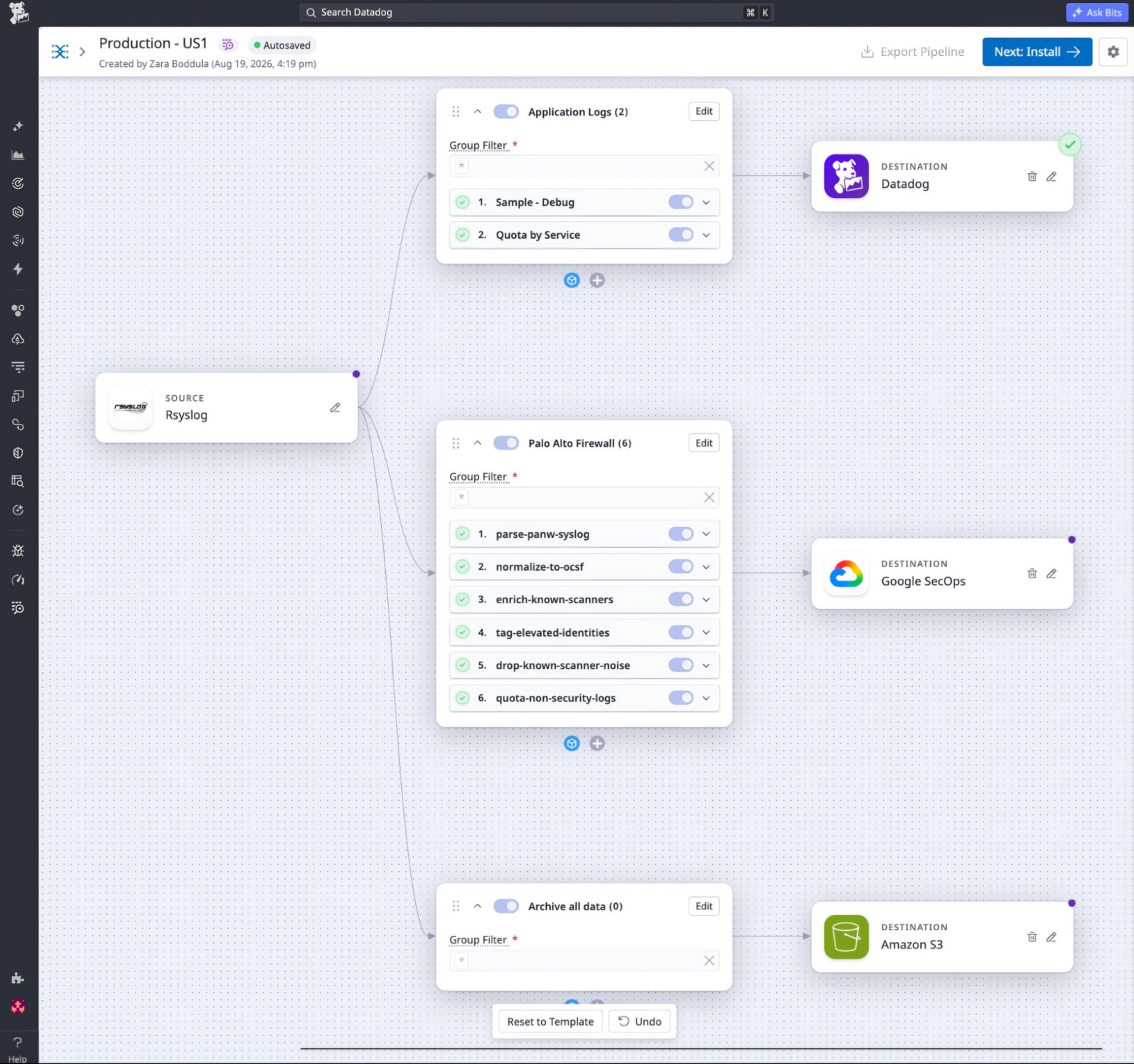 Screenshot showing Tines updating two Observability Pipelines processors that apply rules to incoming logs.