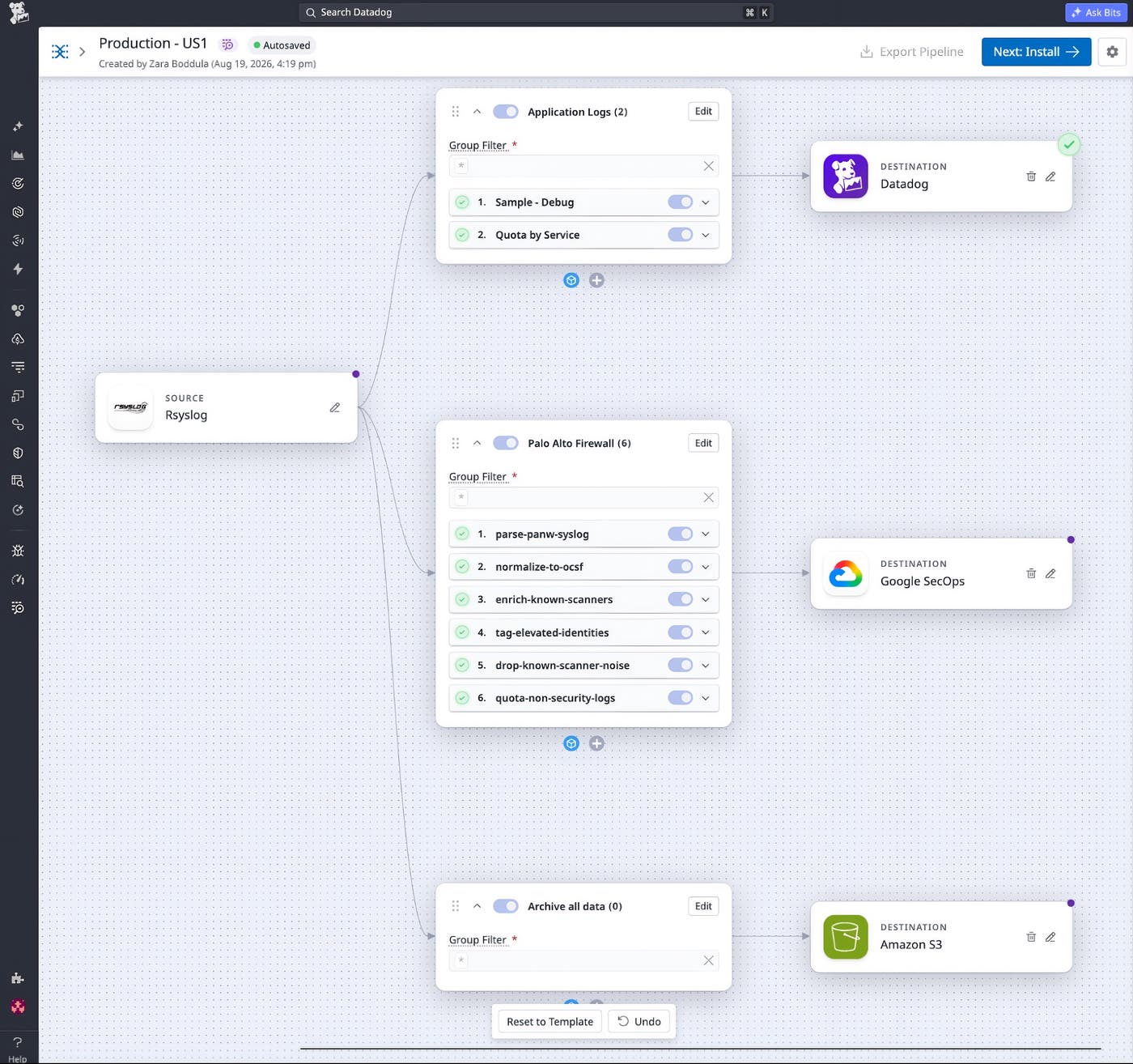 Screenshot showing Tines updating two Observability Pipelines processors that apply rules to incoming logs. Screenshot showing Tines updating two Observability Pipelines processors that apply rules to incoming logs.