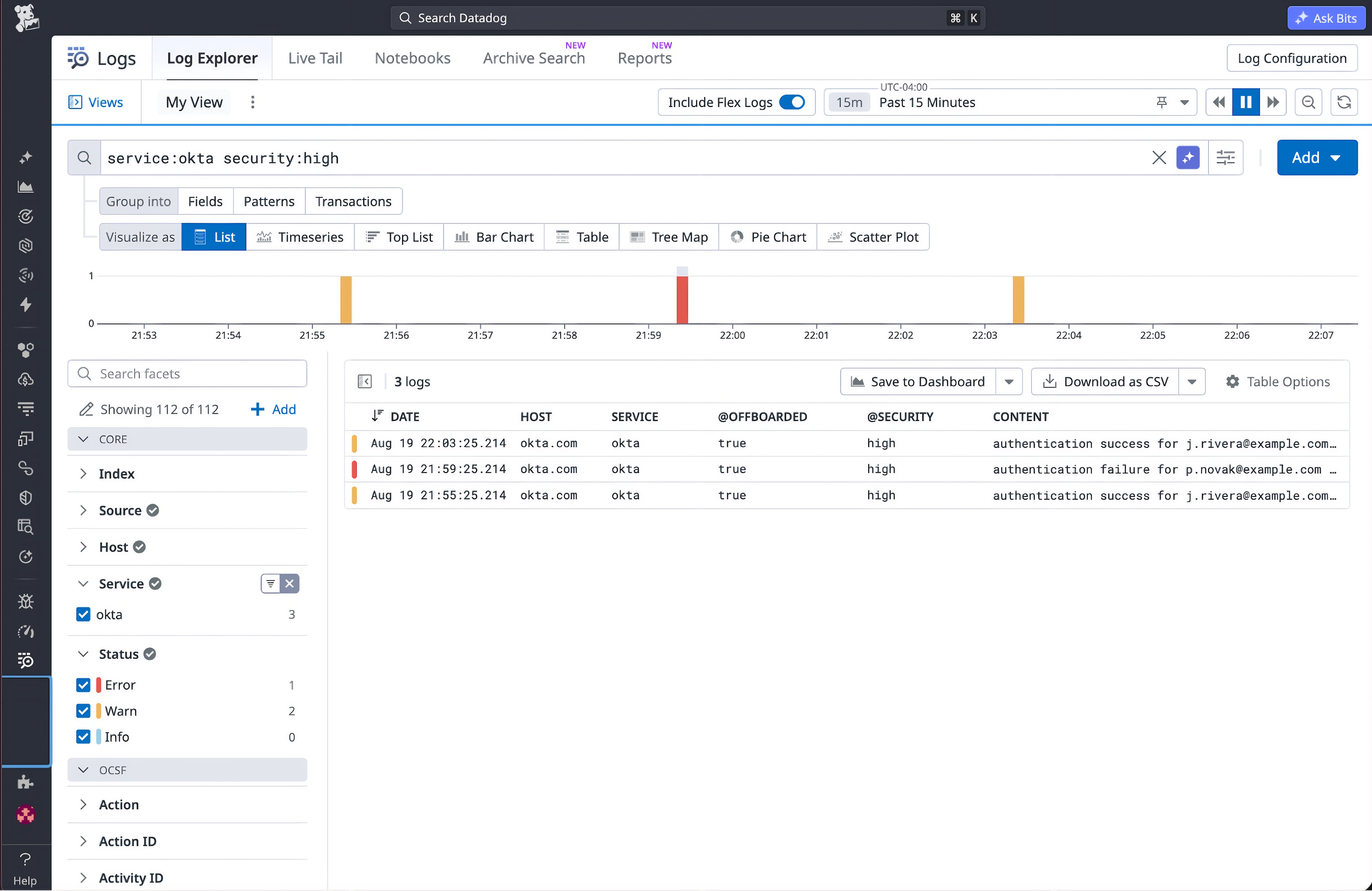 Log view showing events for an offboarded user with “security:high” and “offboarded:true” tags.