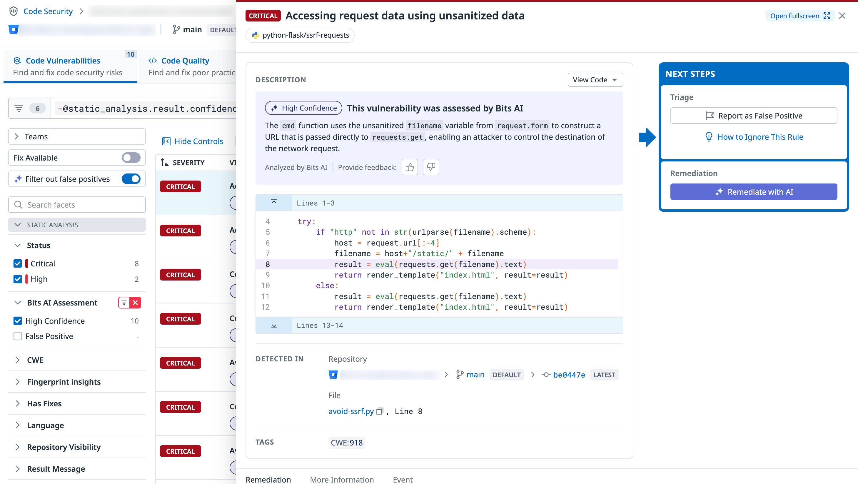 Datadog Code Security finding with repository, file path, affected code, severity, and remediation details.