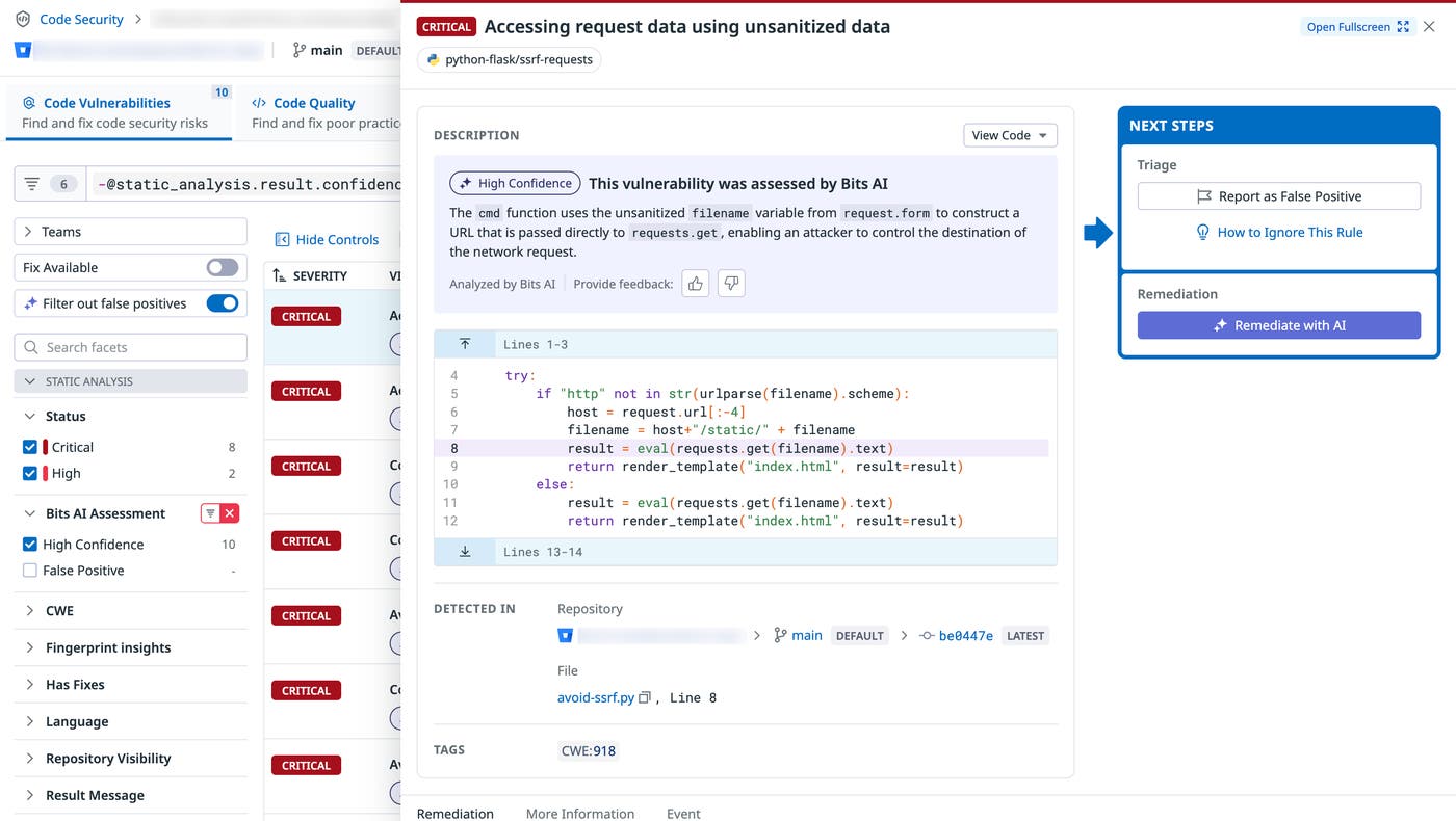 Datadog Code Security finding with repository, file path, affected code, severity, and remediation details. Datadog Code Security finding with repository, file path, affected code, severity, and remediation details.