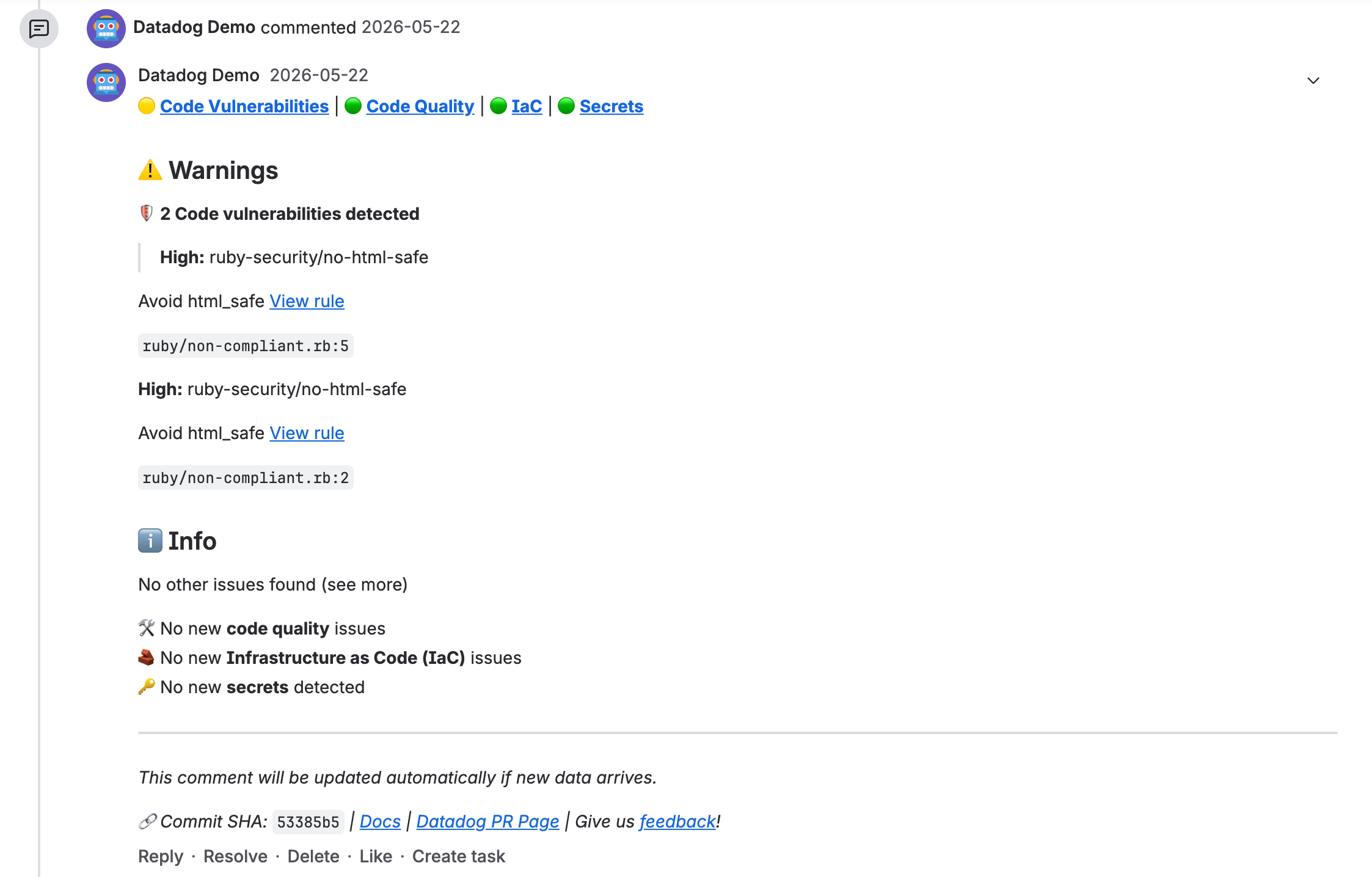 Bitbucket pull request with Datadog comments identifying test failures and code security findings on changed lines.
