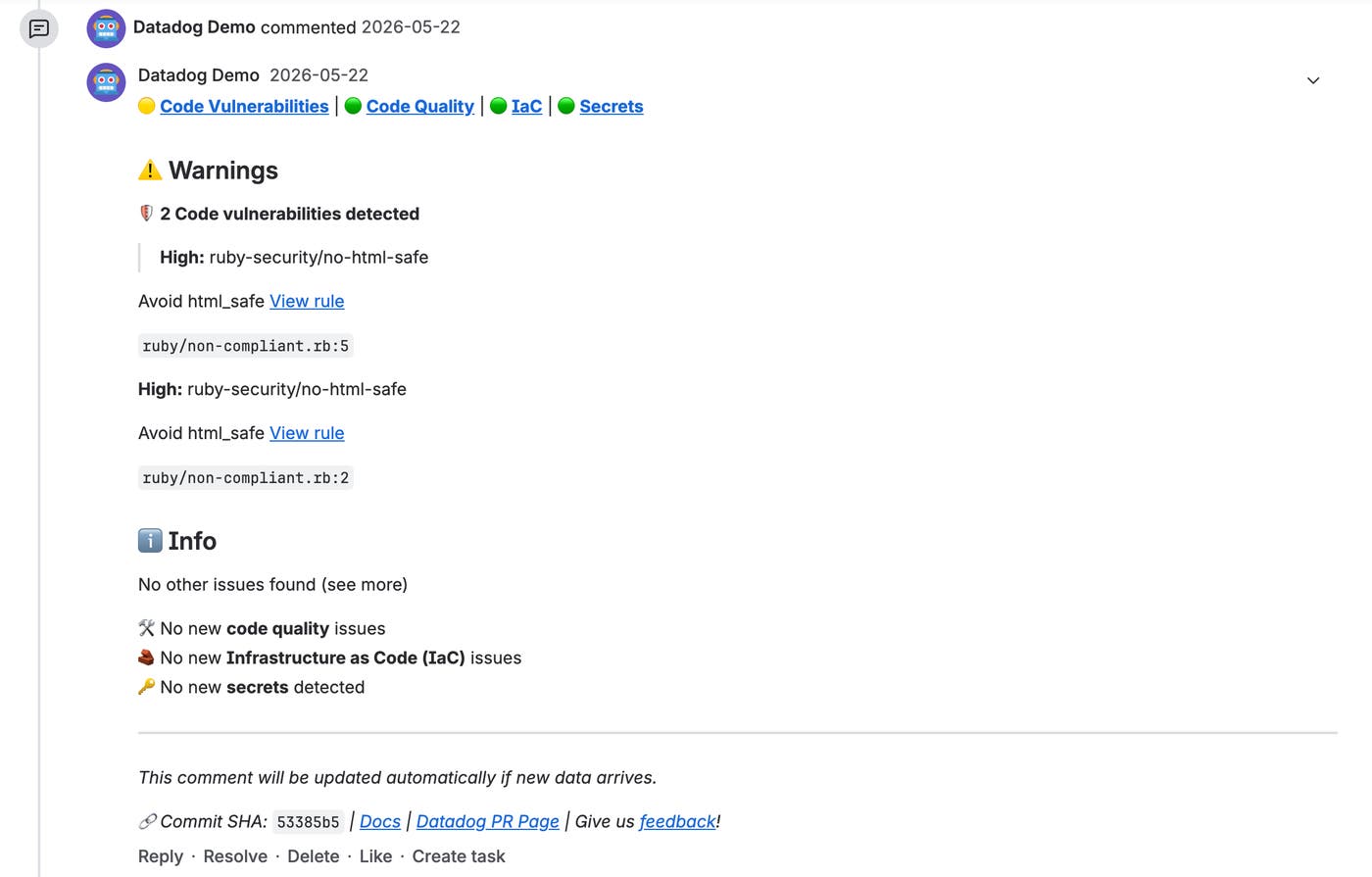 Bitbucket pull request with Datadog comments identifying test failures and code security findings on changed lines. Bitbucket pull request with Datadog comments identifying test failures and code security findings on changed lines.