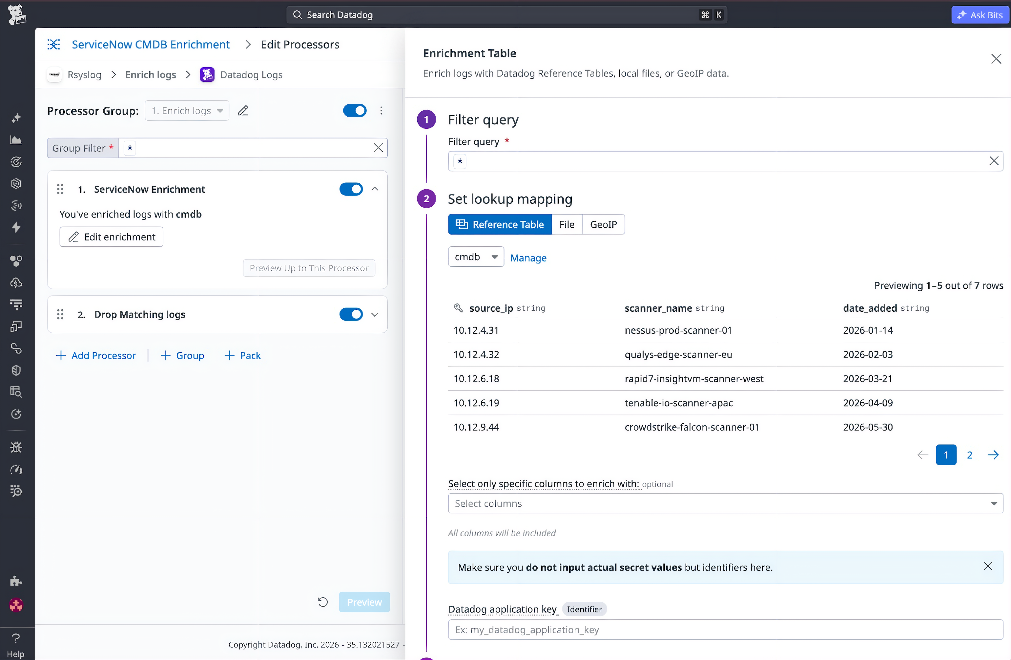 Observability Pipelines processor configuration that matches log data against a Reference Table of known scanners.