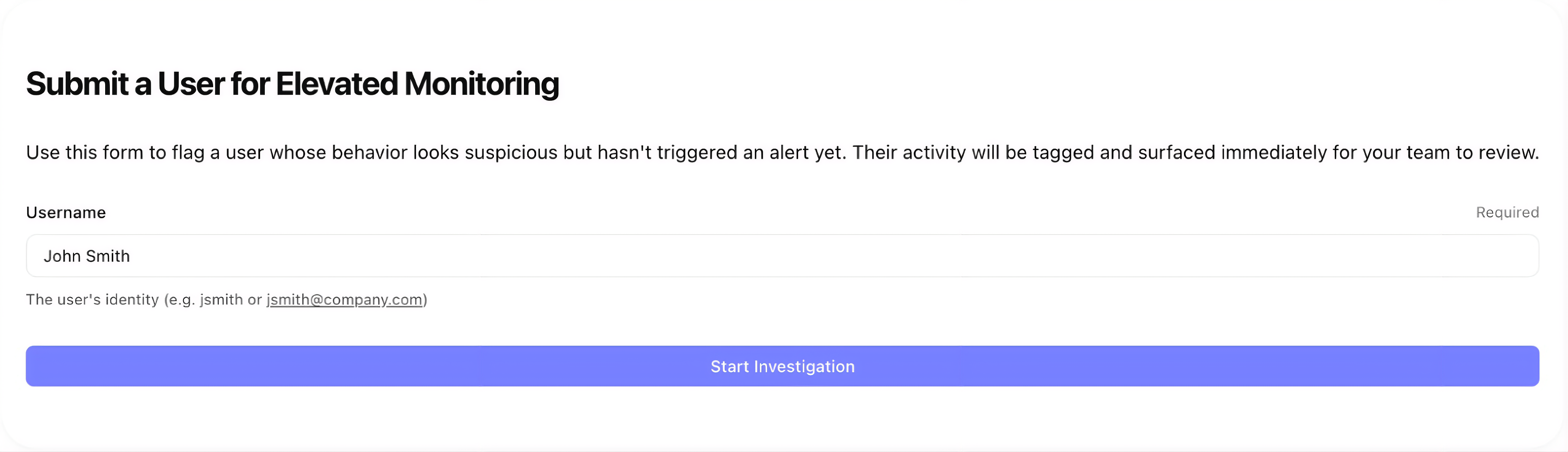 Tines page with a form field for entering a user’s identity to start an investigation.