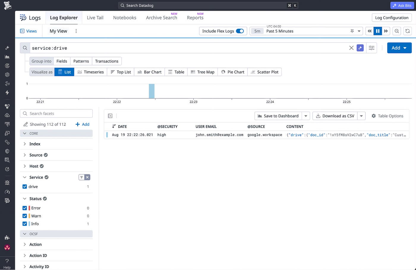 Log view showing activity for the investigated user with the “security:high” tag applied. Log view showing activity for the investigated user with the “security:high” tag applied.