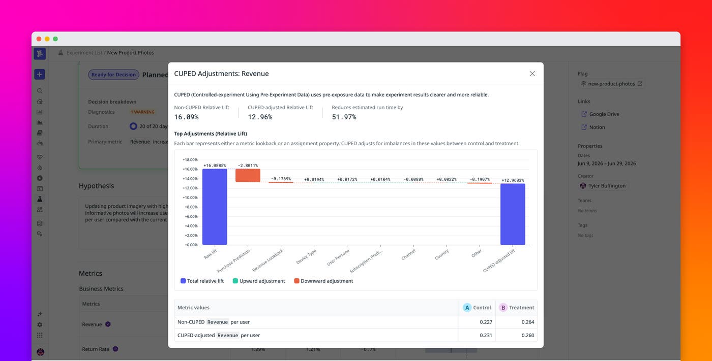 Visualize how CUPED adjusts experiment results with Datadog Visualize how CUPED adjusts experiment results with Datadog