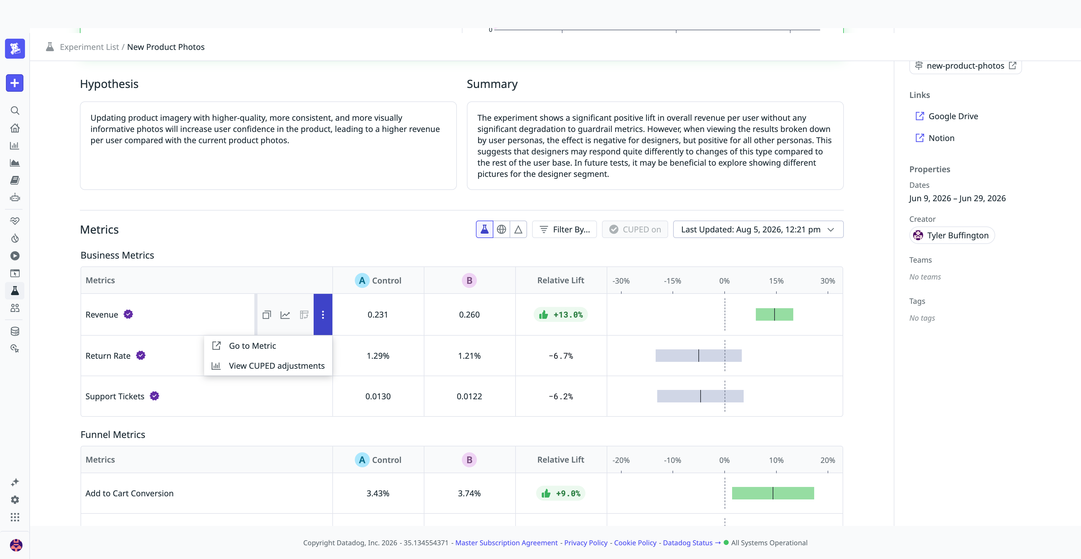 A screenshot of the business metrics for an experiment showing the option to view CUPED adjustments.