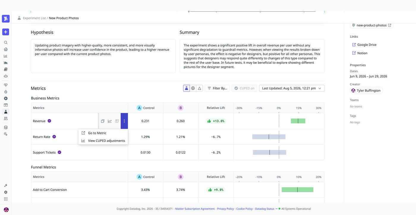 A screenshot of the business metrics for an experiment showing the option to view CUPED adjustments. A screenshot of the business metrics for an experiment showing the option to view CUPED adjustments.
