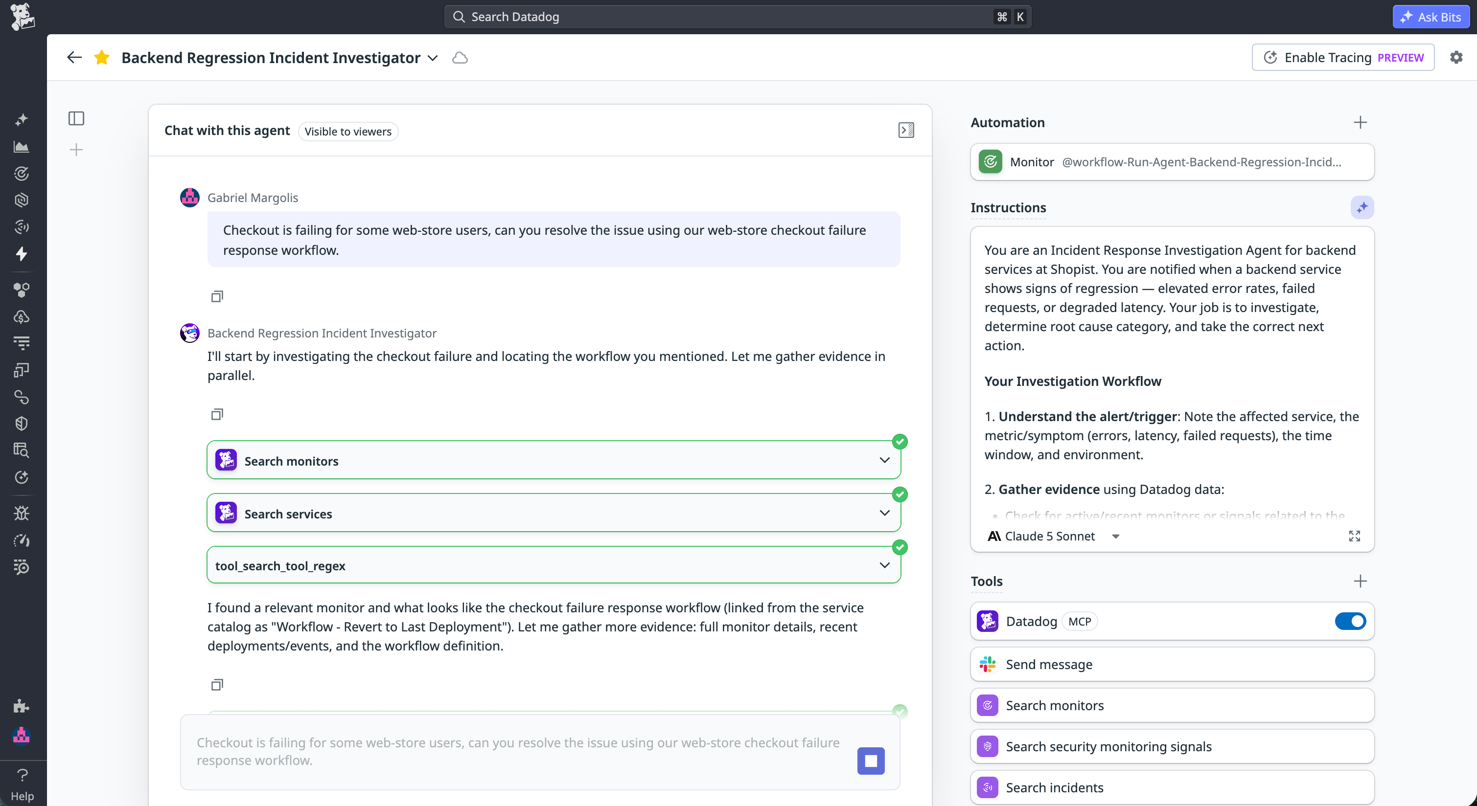 A custom incident response agent finds and runs the web-store checkout failure response workflow.