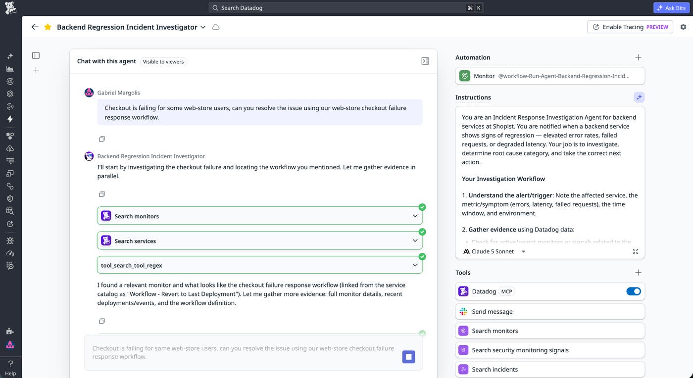 A custom incident response agent finds and runs the web-store checkout failure response workflow. A custom incident response agent finds and runs the web-store checkout failure response workflow.
