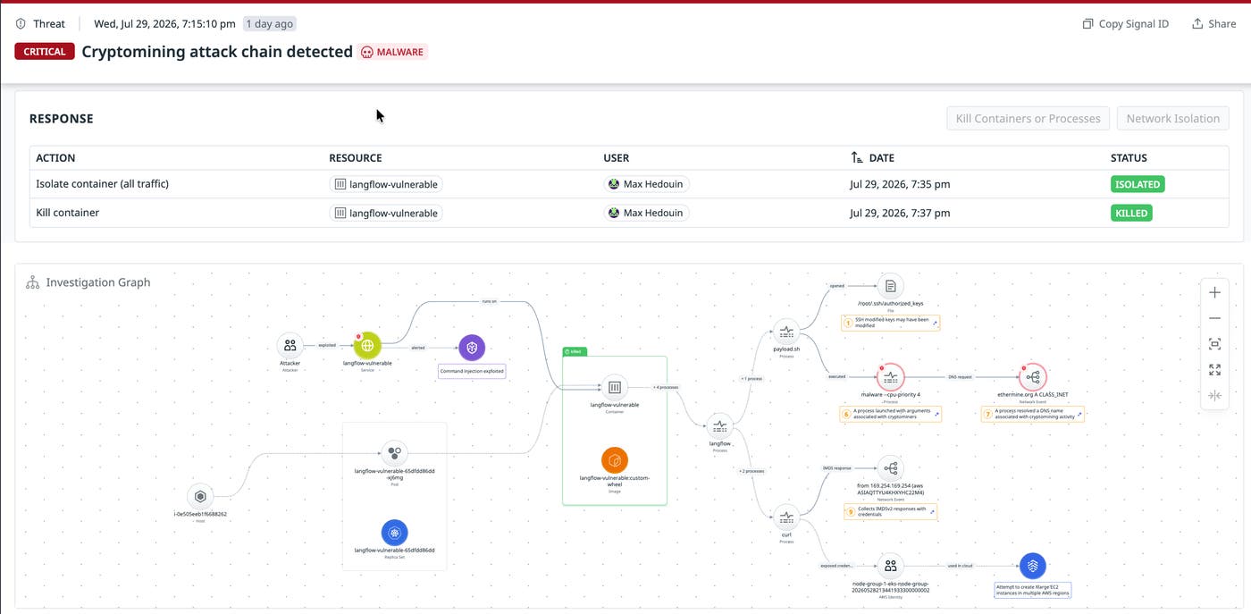 A Workload Protection signal for a critical crypto mining threat. A response table records two actions a user took on the langflow-vulnerable container: one marked isolated, one marked killed. An investigation graph maps the attack chain. A Workload Protection signal for a critical crypto mining threat. A response table records two actions a user took on the langflow-vulnerable container: one marked isolated, one marked killed. An investigation graph maps the attack chain.