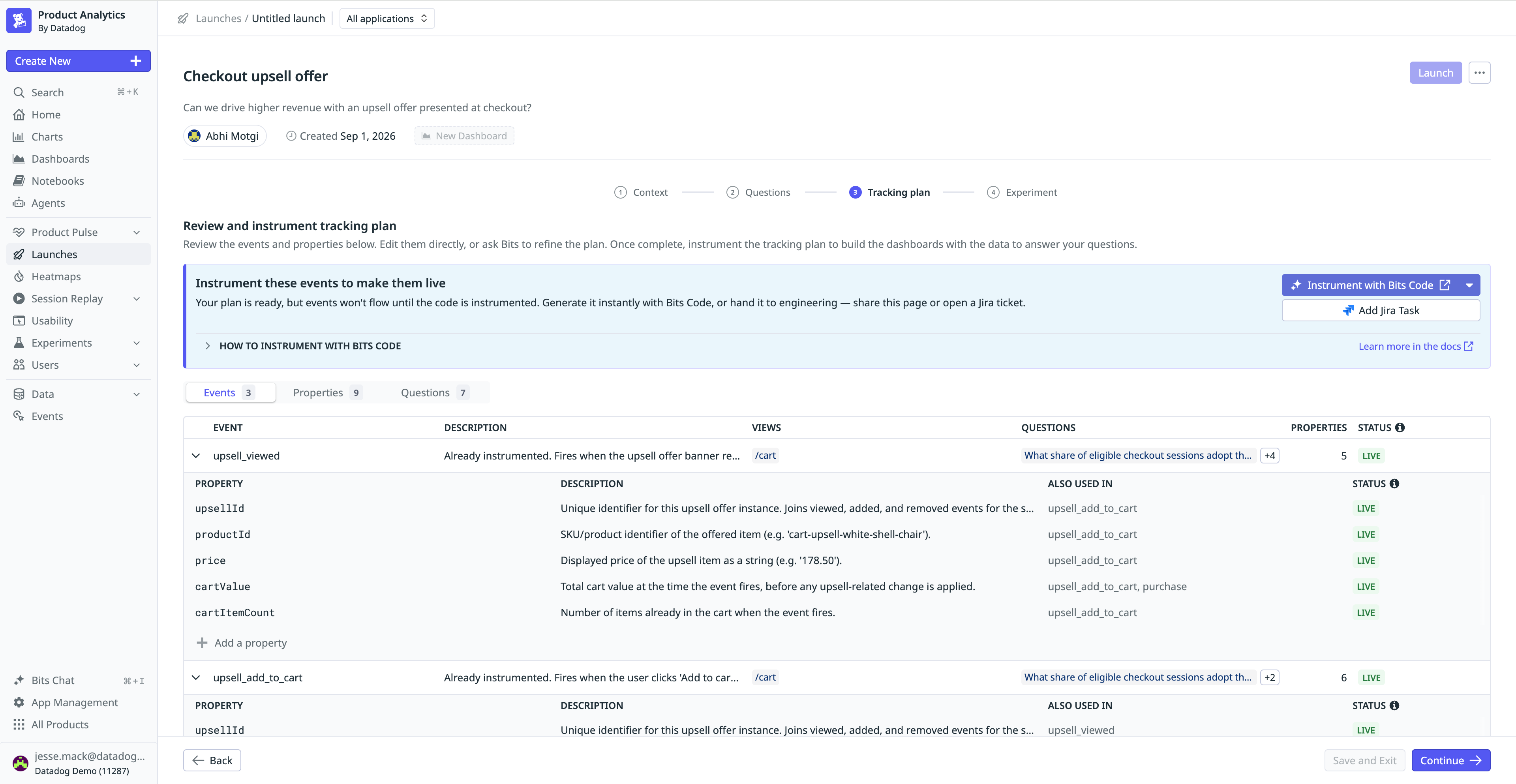 View of a launch tracking plan in Datadog Product Analytics shows the events and properties that will be tracked at rollout.